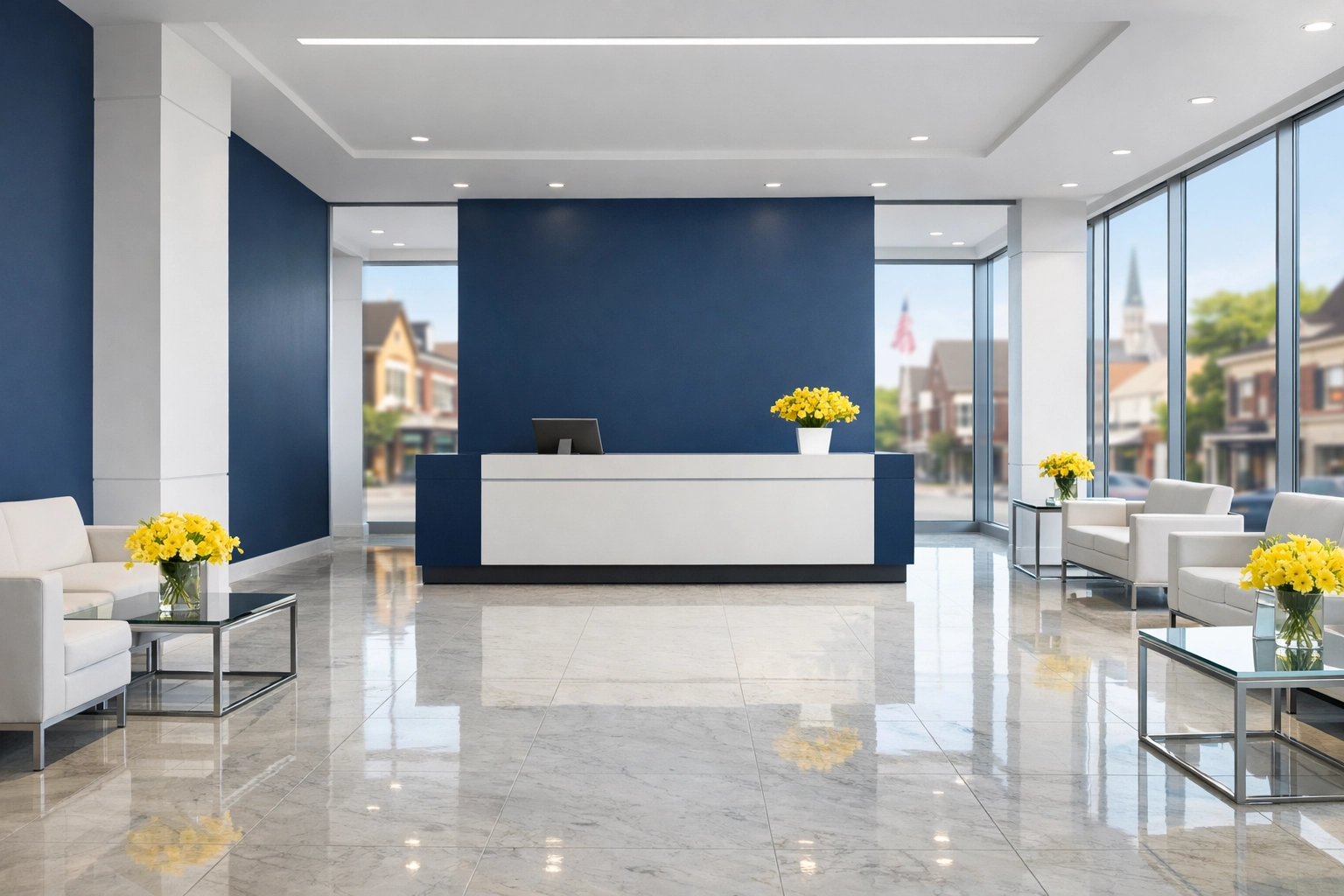 Sunlit office lobby in Hudson, Massachusetts, with polished floors from professional office cleaning.