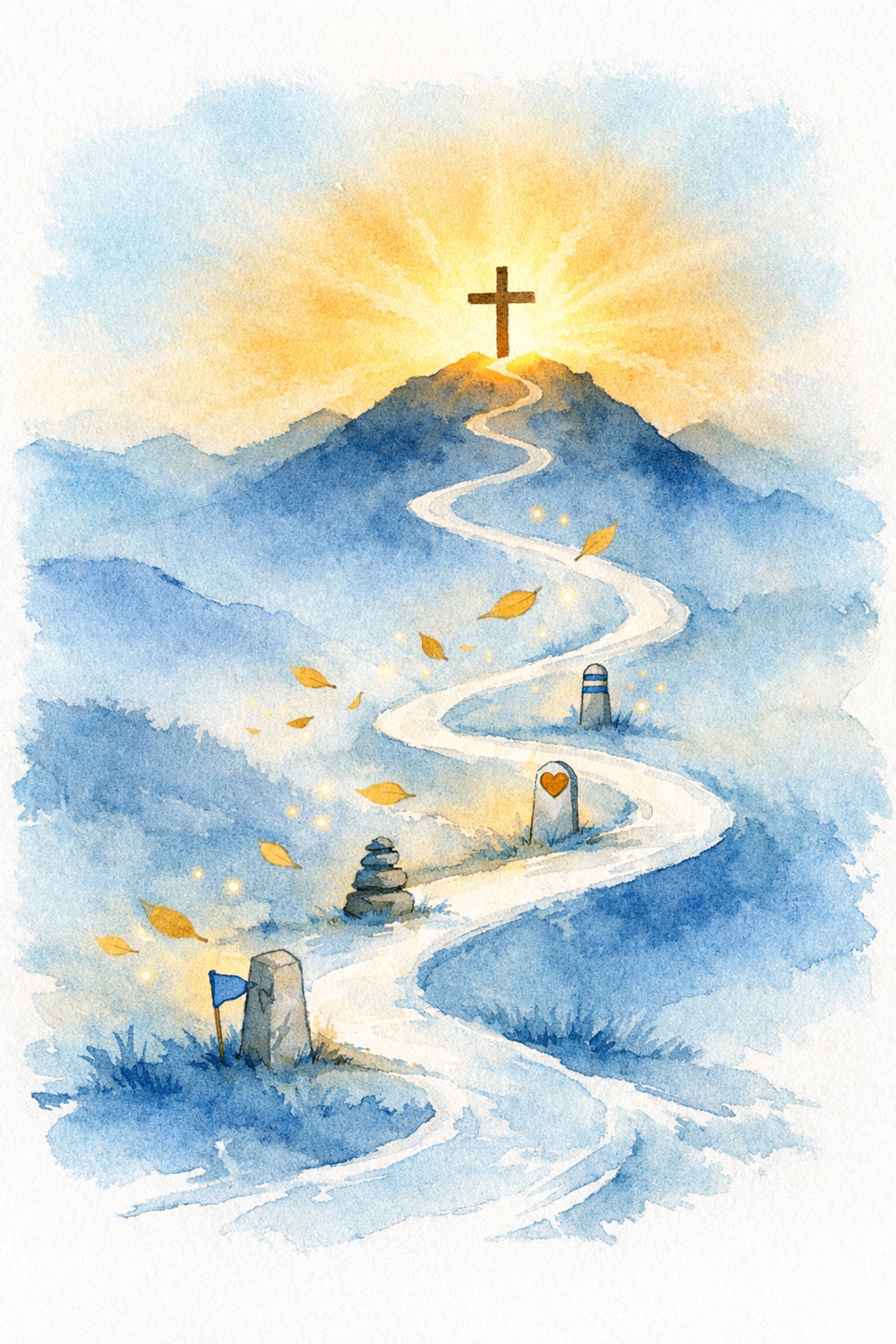 Spiritual growth journey path leading upward to cross with milestone markers