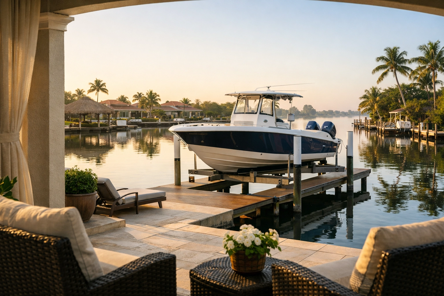 Private boat dock and lift on a calm canal, a key feature of SWFL waterfront homes and local lifestyle.