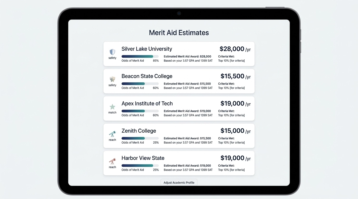 UI graphic showing colleges with associated merit aid estimates
