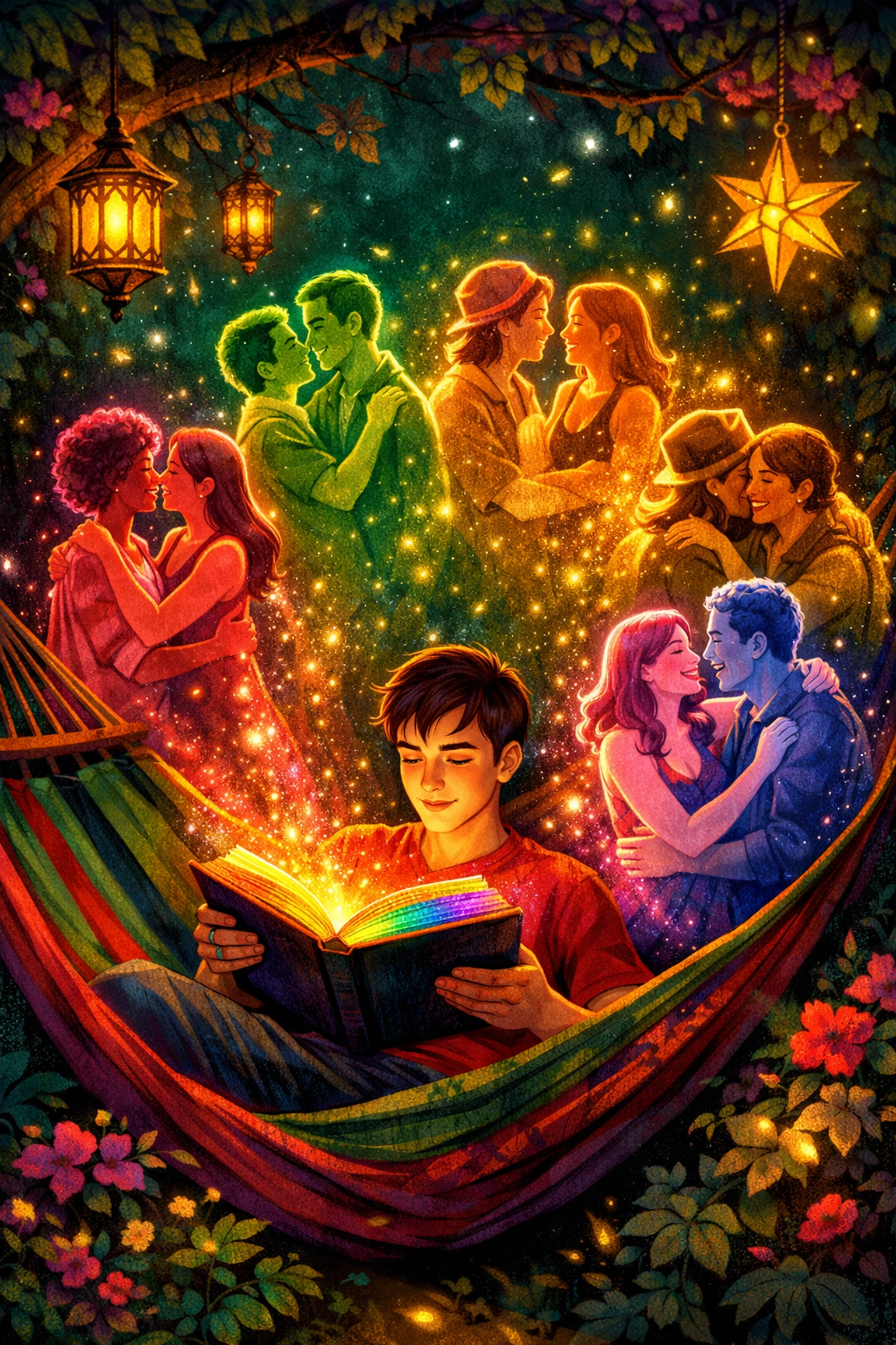 A person reading a queer novel with glowing figures emerging, showing how LGBTQ+ books offer a sense of belonging.