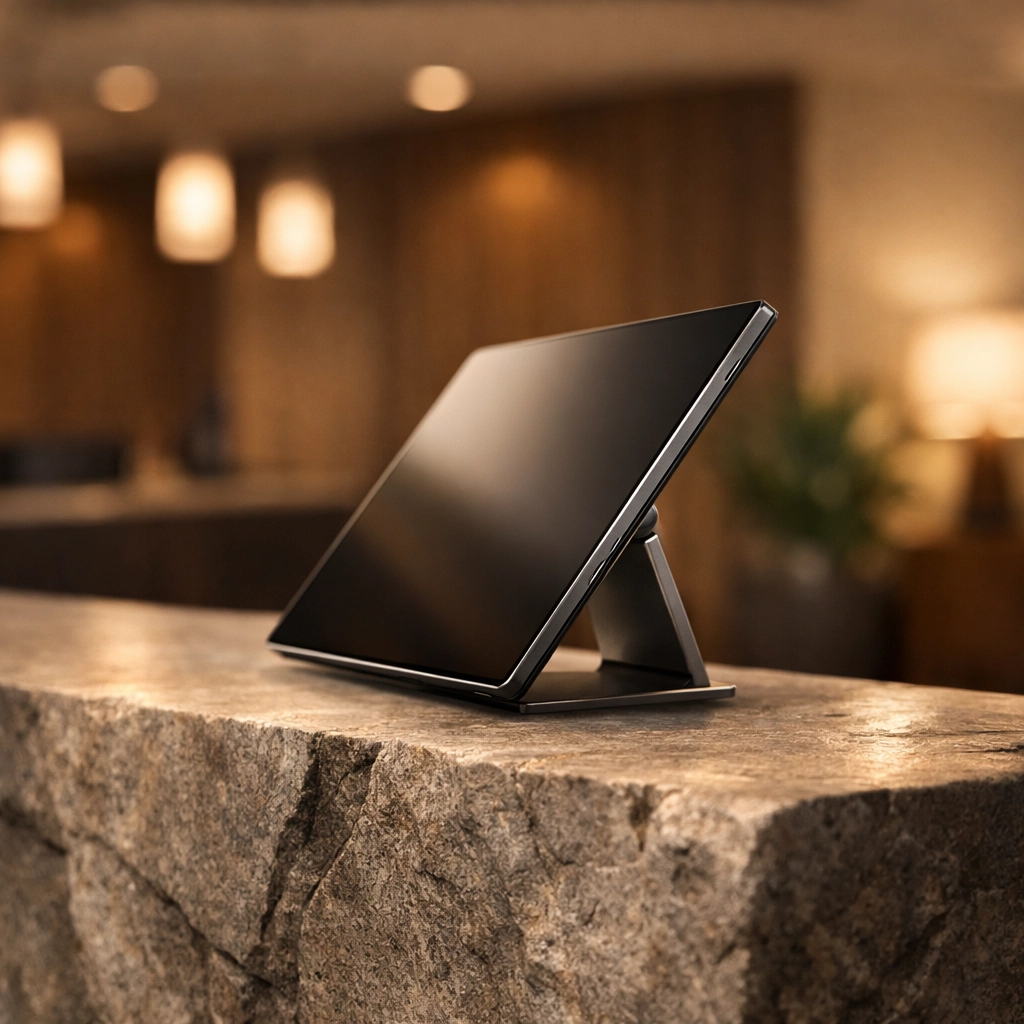 A sleek tablet at a modern hotel reception desk representing a unified hospitality management platform.