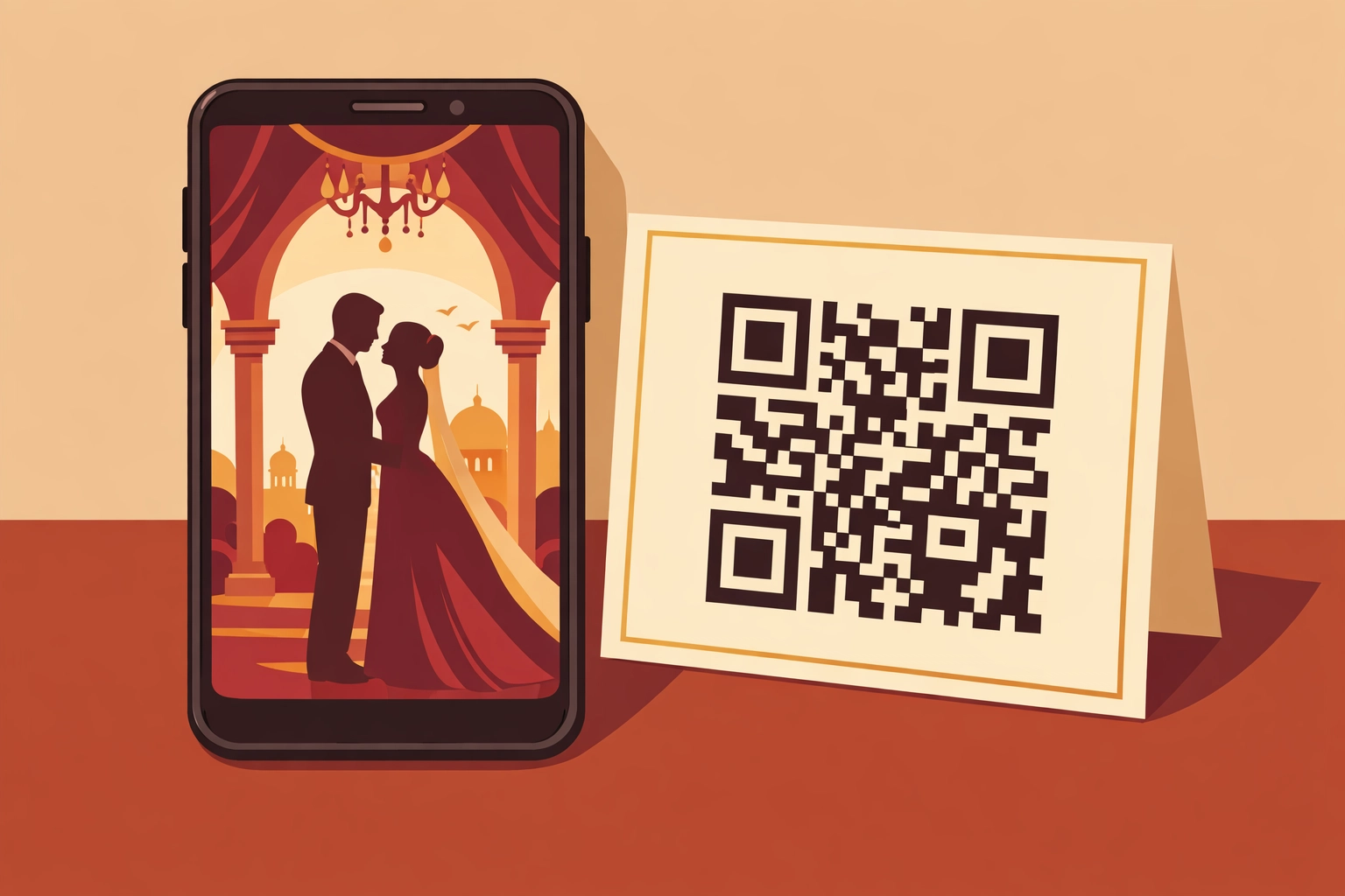 Smartphone showing a digital wedding invitation next to a physical card with a scanable QR code.