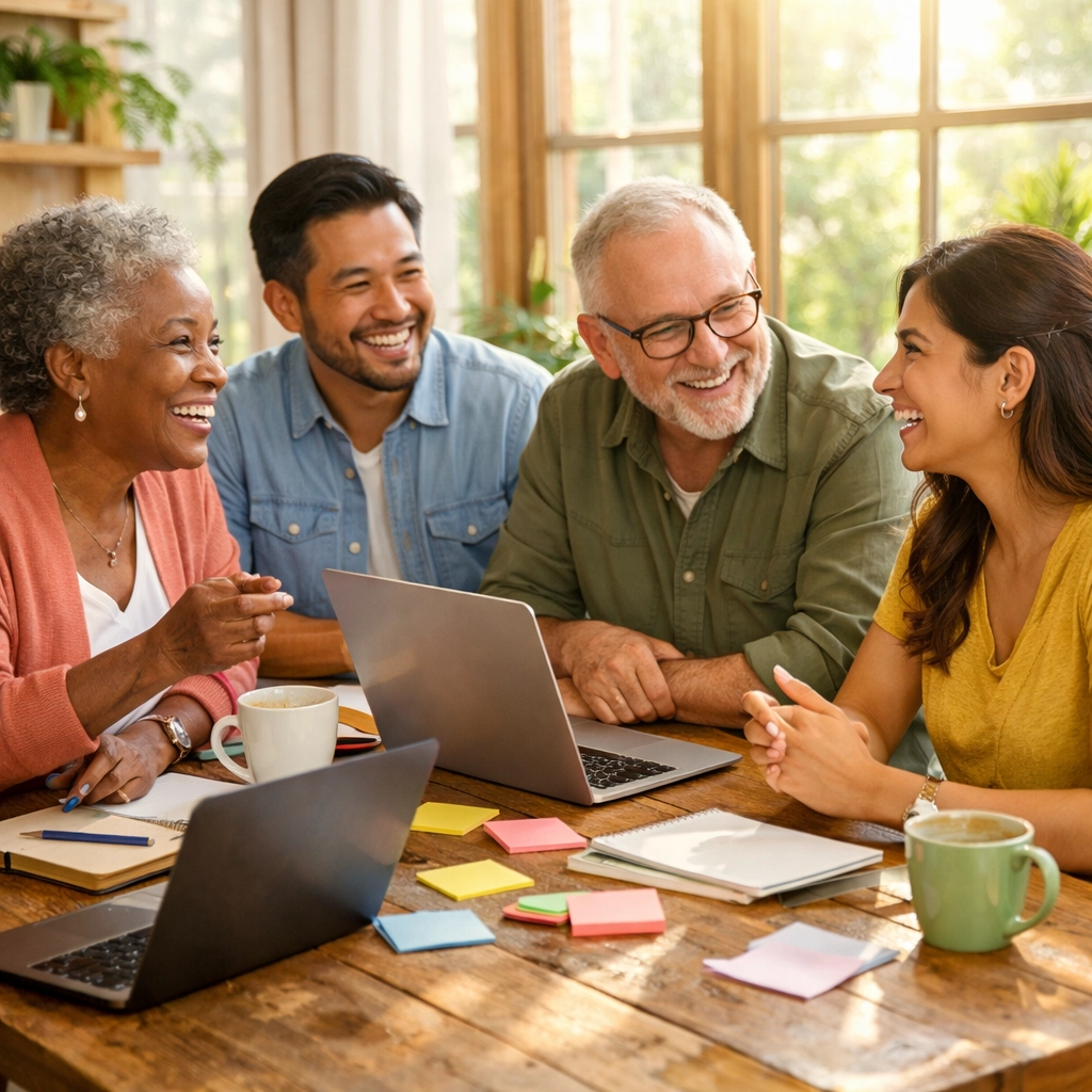 Nonprofit leaders collaborating at table during partnership fundraising strategy meeting
