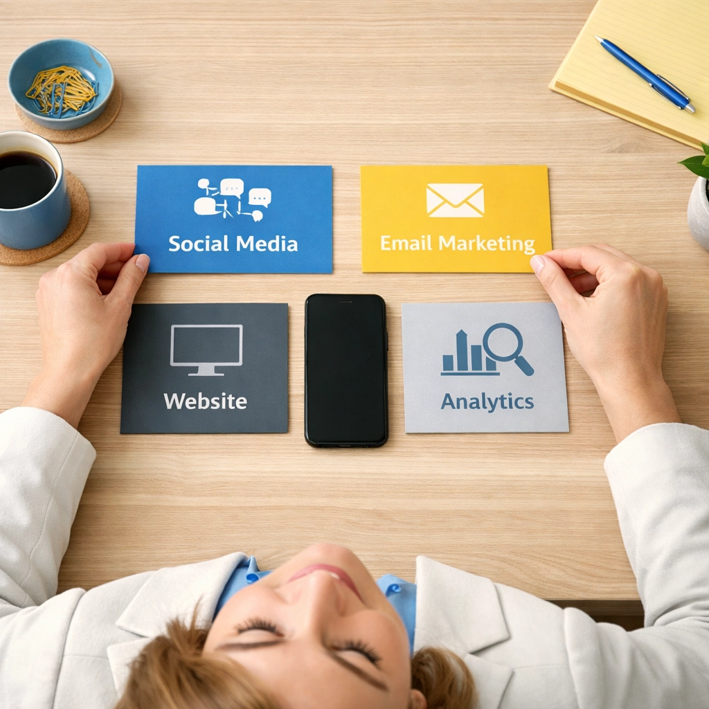 Fundraiser organizing a consistent multi-channel planned giving marketing campaign at a workspace.