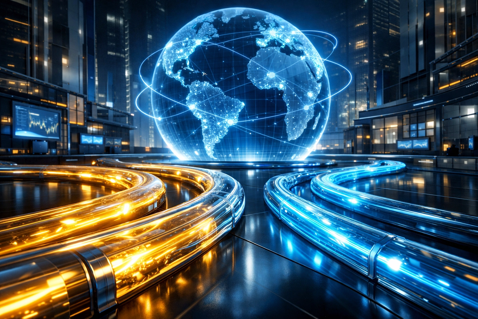 Global financial hub showing digital cross-border payments and stablecoin settlement infrastructure.