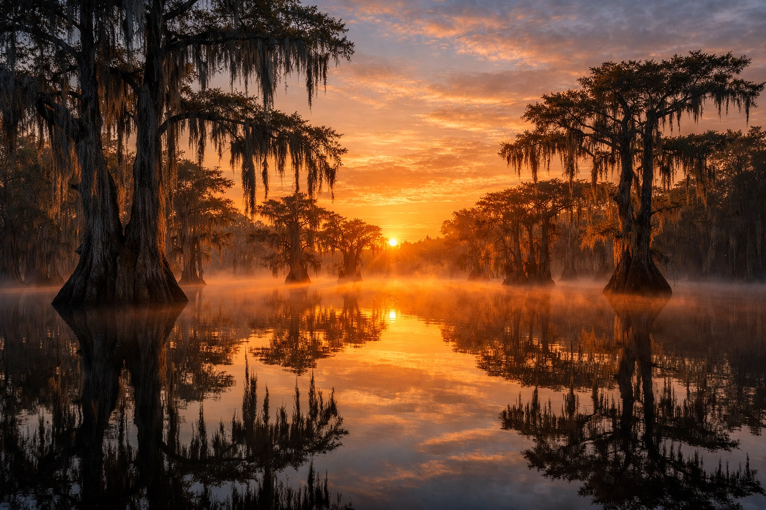 Morning mist and cypress trees at Caddo Lake, a hidden gem among the best photography locations in the USA.