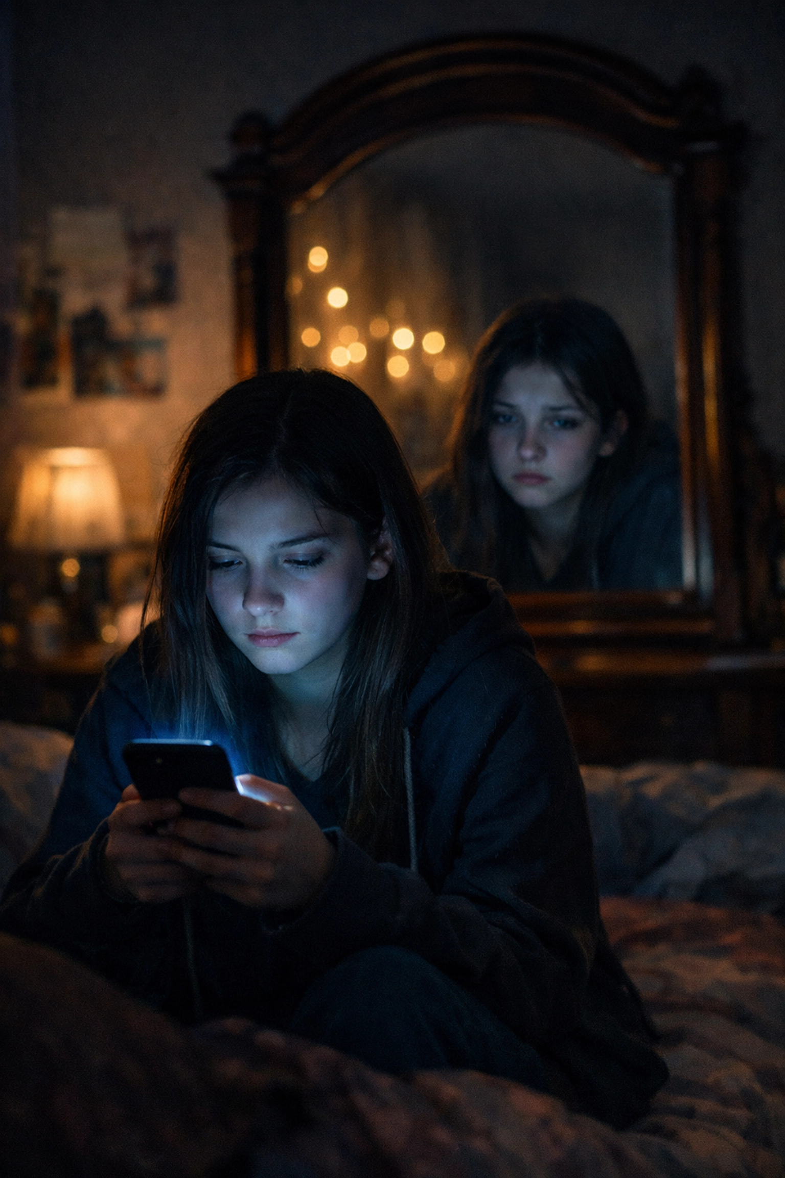 Teen girl looking into a mirror while holding a glowing phone, illustrating the social media comparison trap.