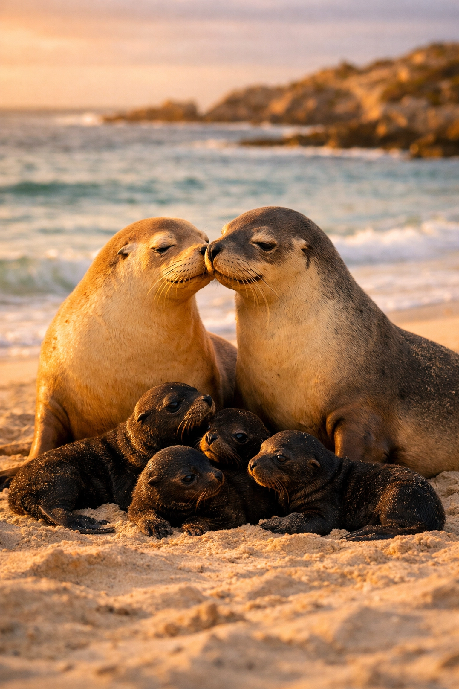 Two female sea lions co-parenting on a beach, showcasing the natural found family bonds often found in queer fiction.