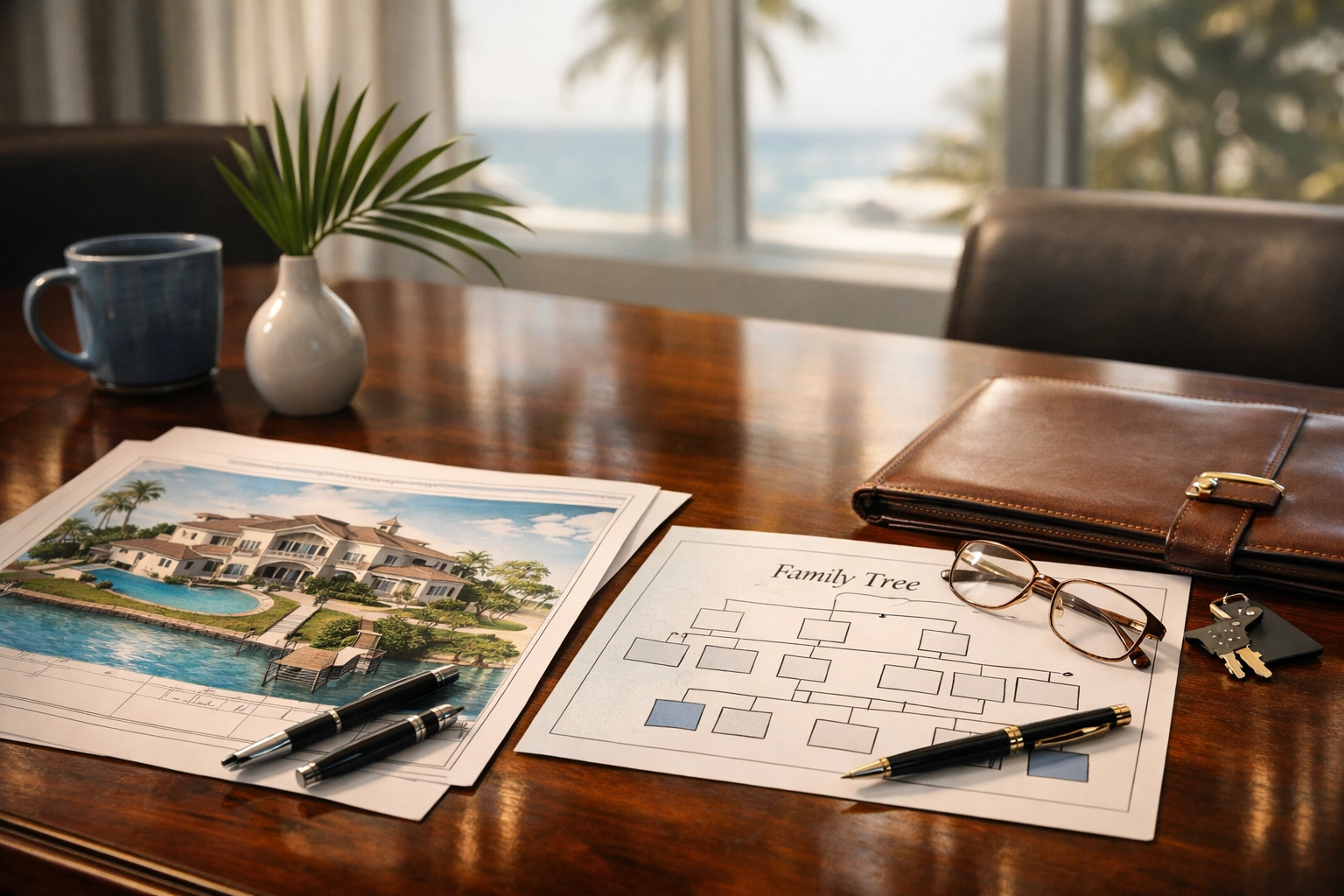 Estate planning documents and property blueprints for Florida wealth management