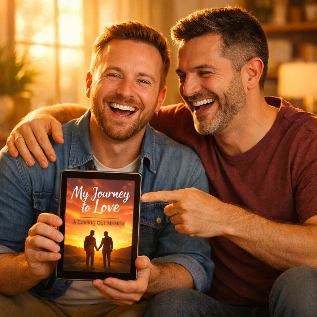 A happy couple celebrating their published LGBTQ+ ebook on a tablet, symbolizing author success.