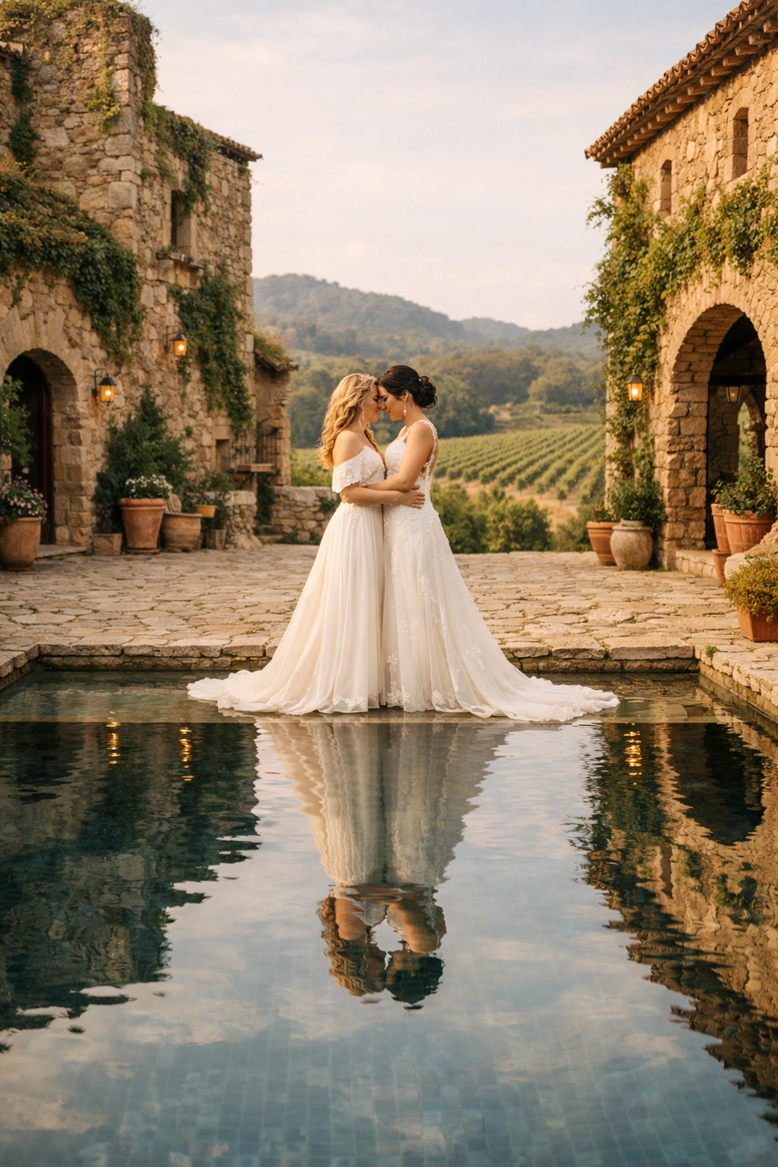Lesbian wedding at historic Spanish masia with infinity pool and vineyard views