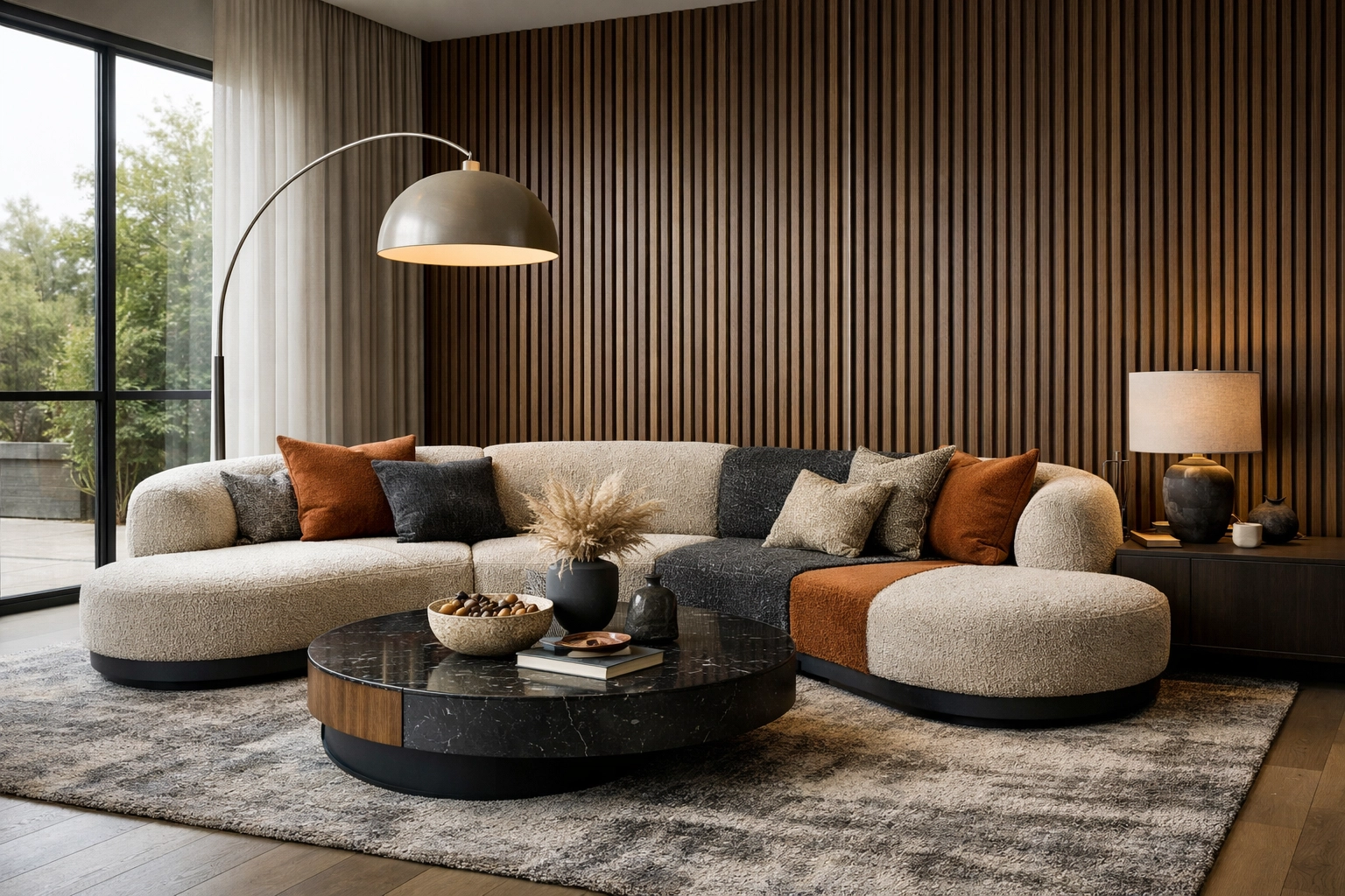 High-quality photorealistic render of a stylish modern living area with layered lighting, premium textures, and a balanced composition