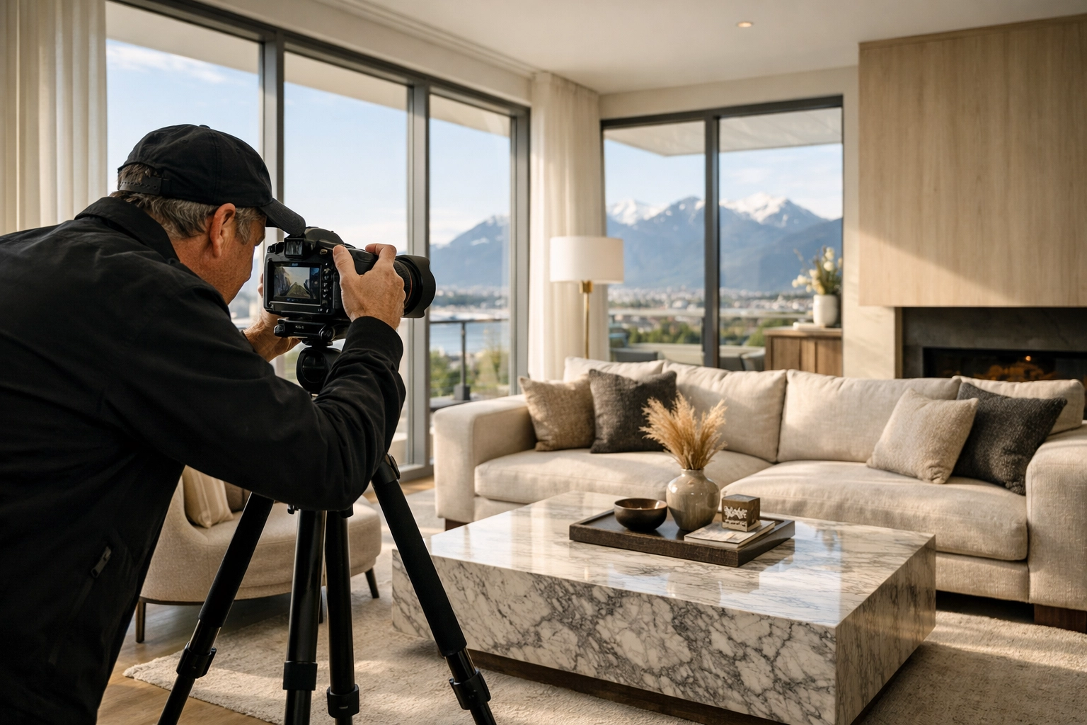 Professional photography of a sun-drenched Vancouver living room with scenic mountain views.
