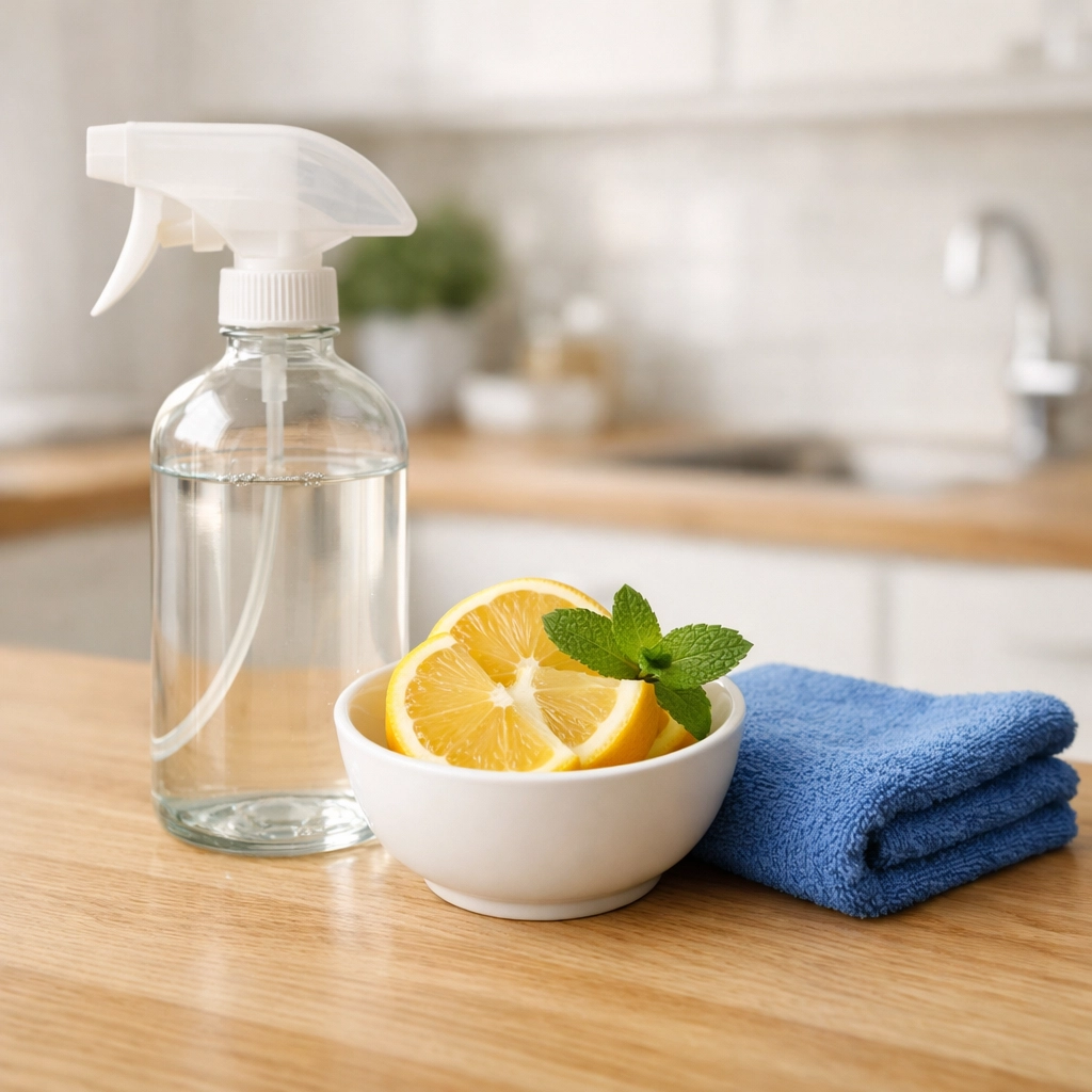 Eco-friendly cleaning spray, lemon, and microfiber cloth for natural and safe laminate floor care.