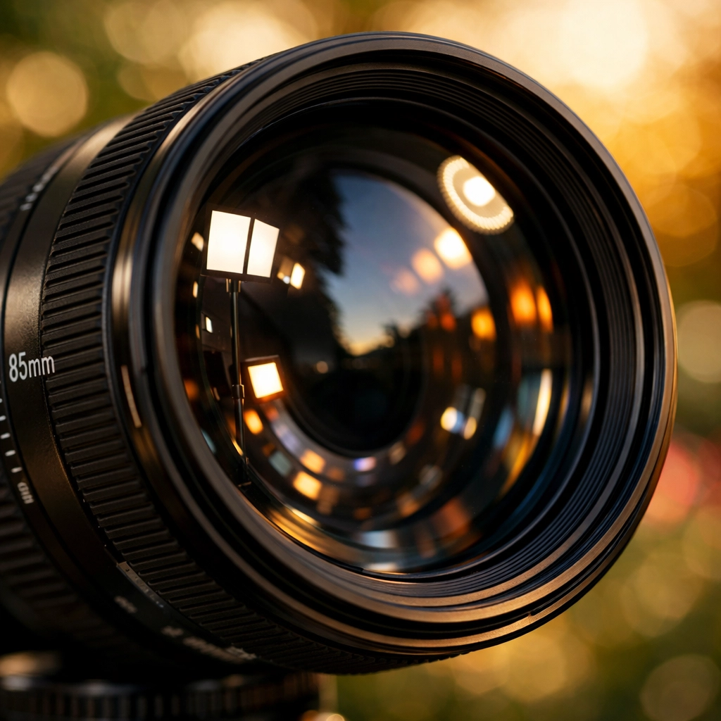 Close-up of a camera lens with a wide aperture showing shallow depth of field in manual mode.