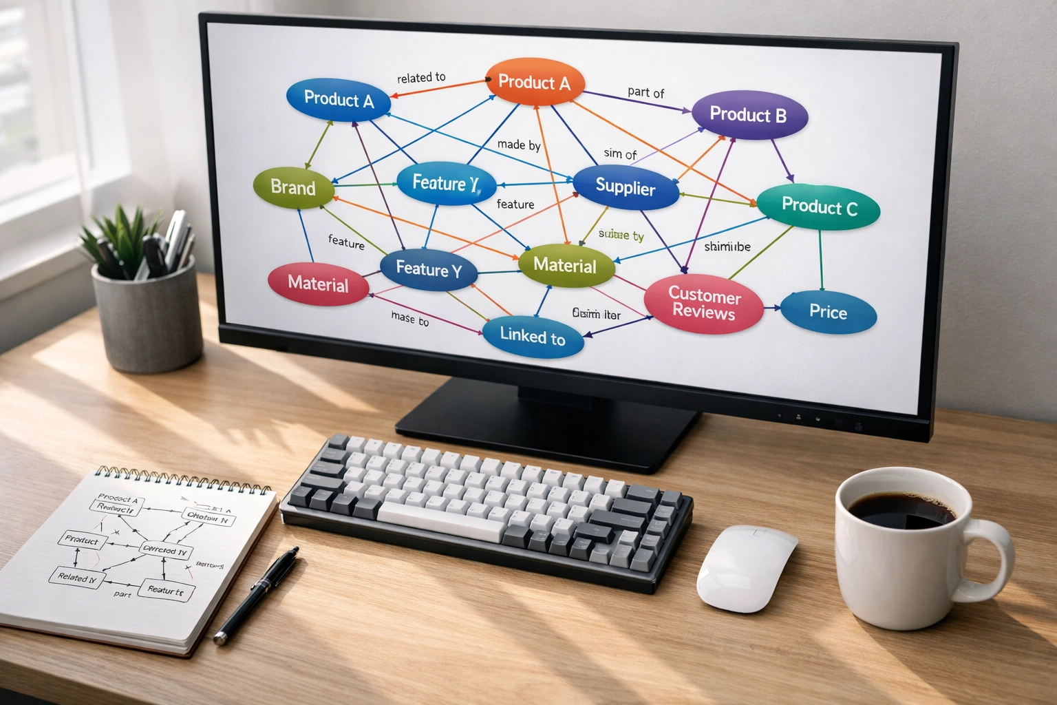 Knowledge graph showing entity relationships for semantic search optimization