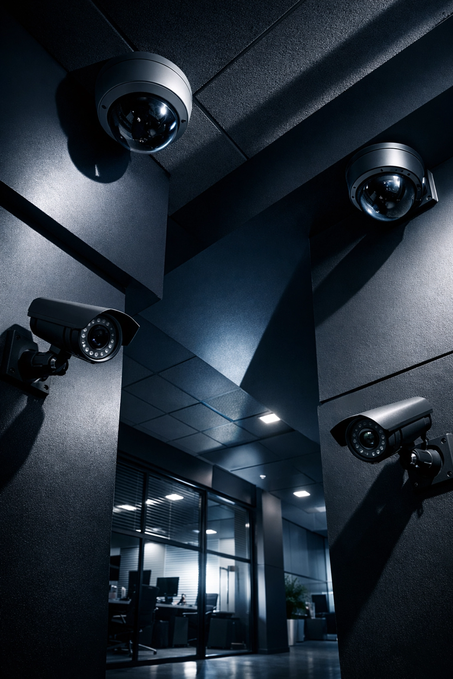 Multiple security cameras strategically positioned in office for comprehensive business surveillance coverage