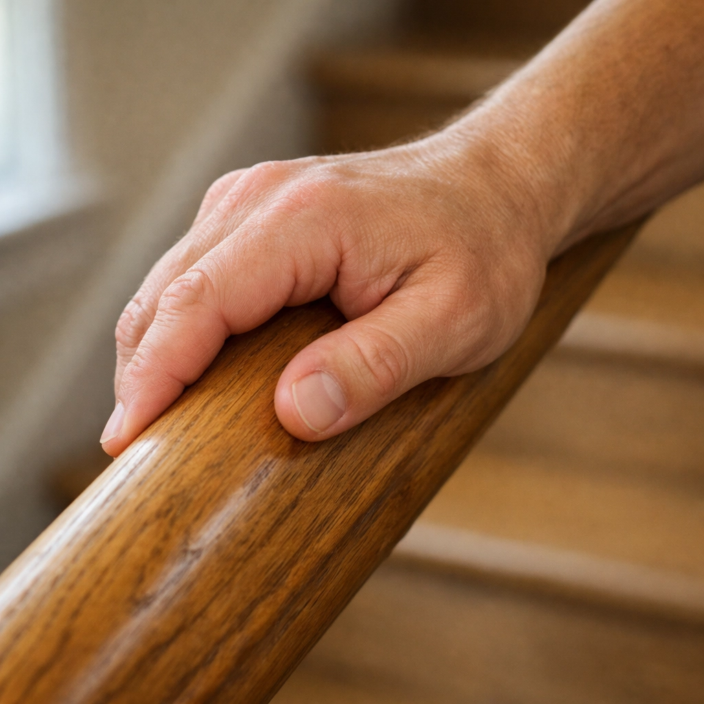 Hand properly gripping wooden staircase handrail demonstrating safe stair use technique