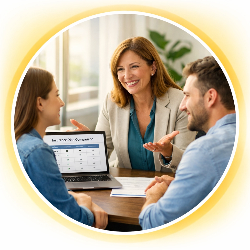 Health insurance broker in St. Louis helping couple compare plan options