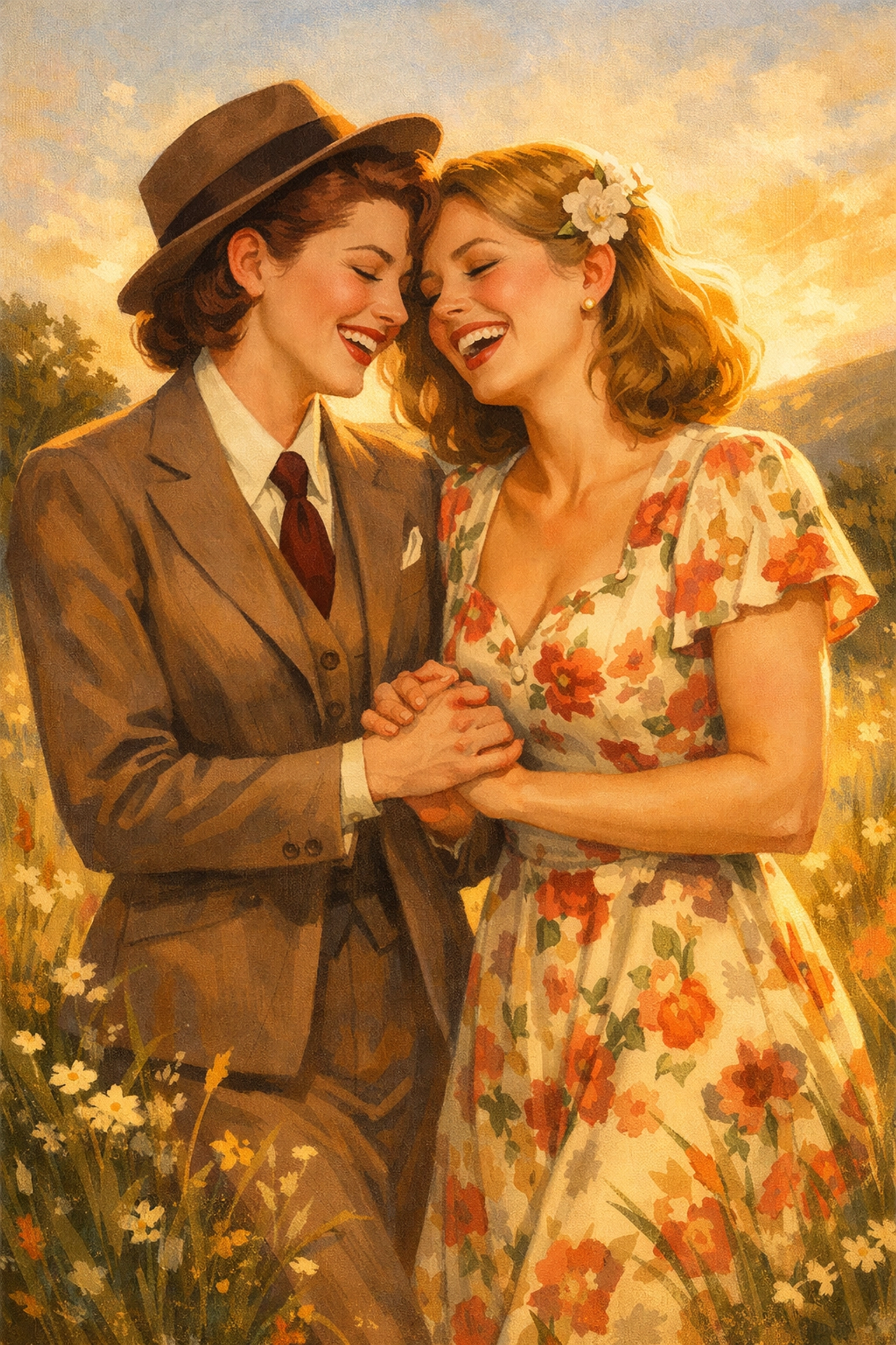 Two women in vintage clothing sharing a joyful laugh, illustrating the queer joy trope in fiction.