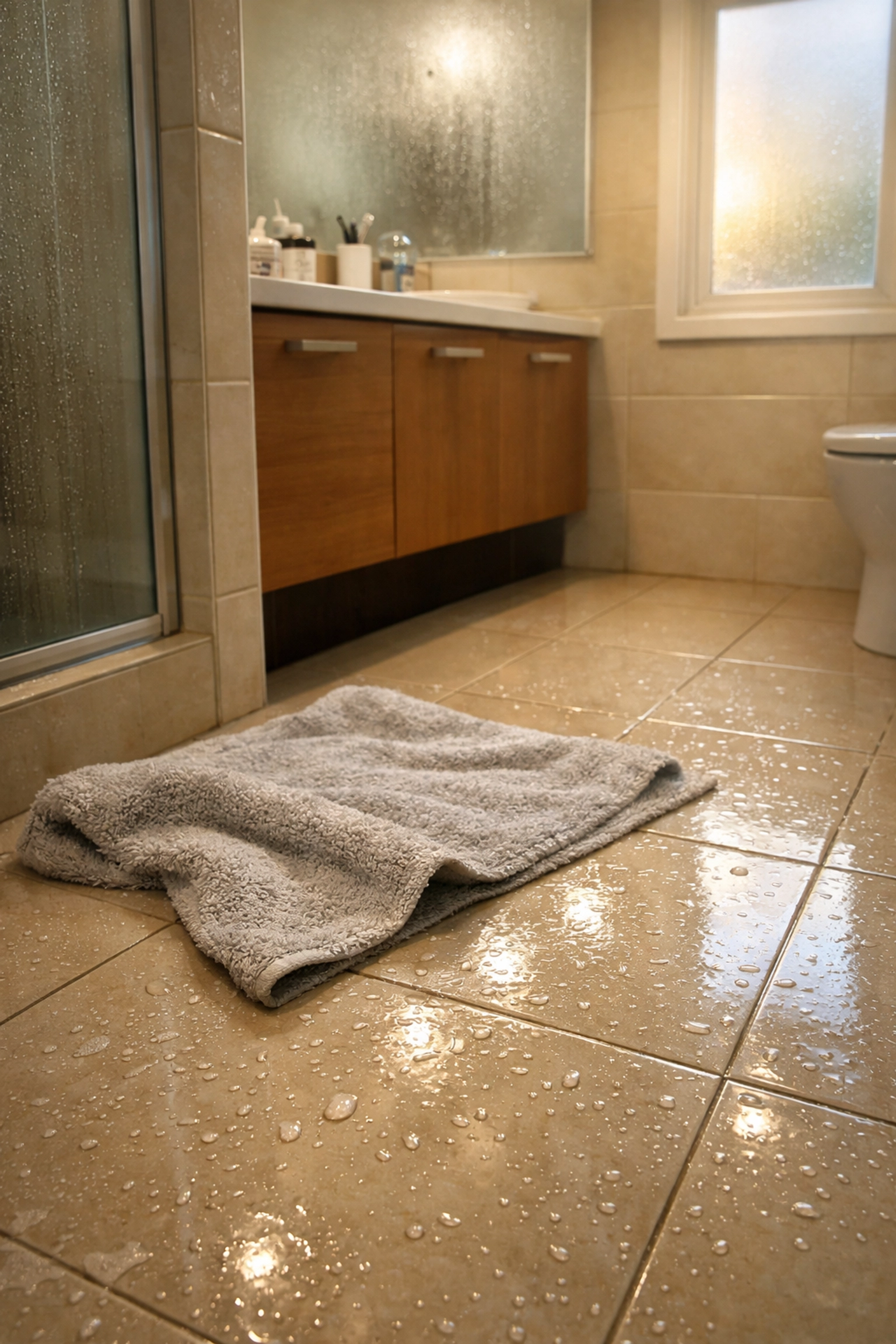 Wet bathroom tile floor with water droplets showing slip and fall risk