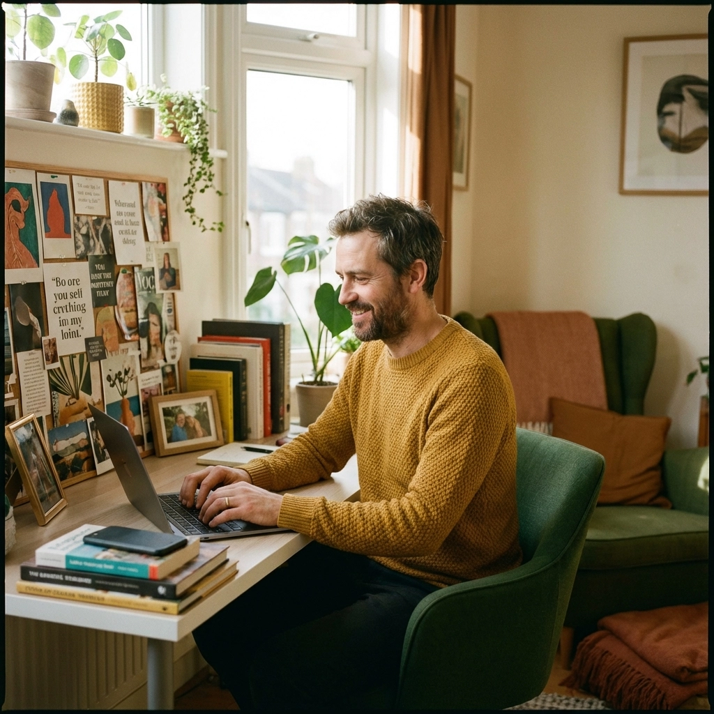 Creative business owner refining digital marketing content in a personalized workspace