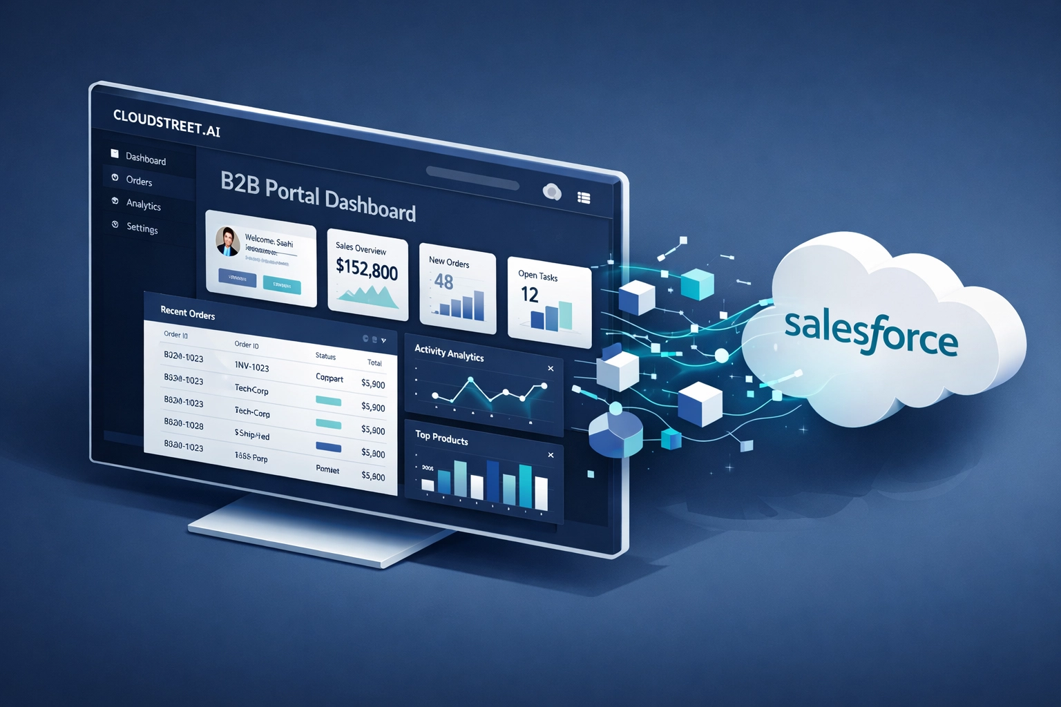 Salesforce Experience Cloud B2B portal dashboard with native CRM integration