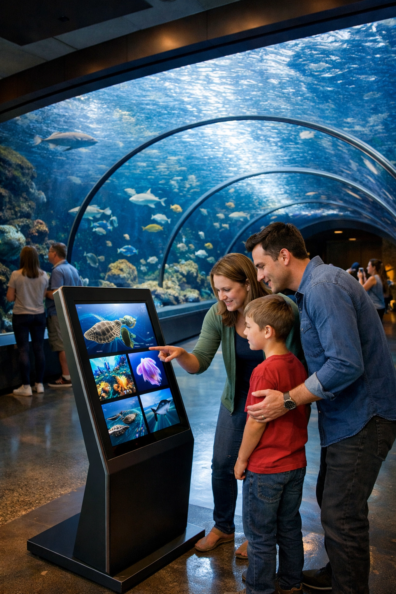 Family using a digital media kiosk for interactive education at a high-tech aquarium exhibit.