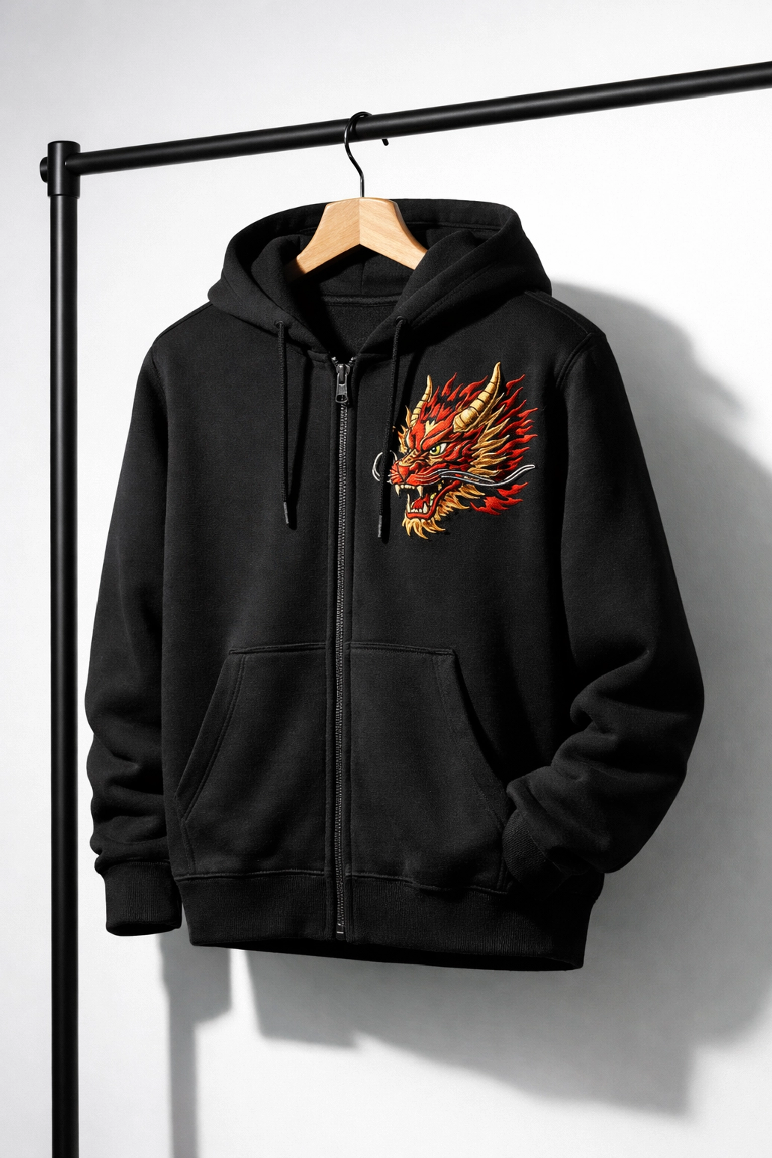 Black zip-up hoodie with custom chest embroidery - no minimum orders Chicago