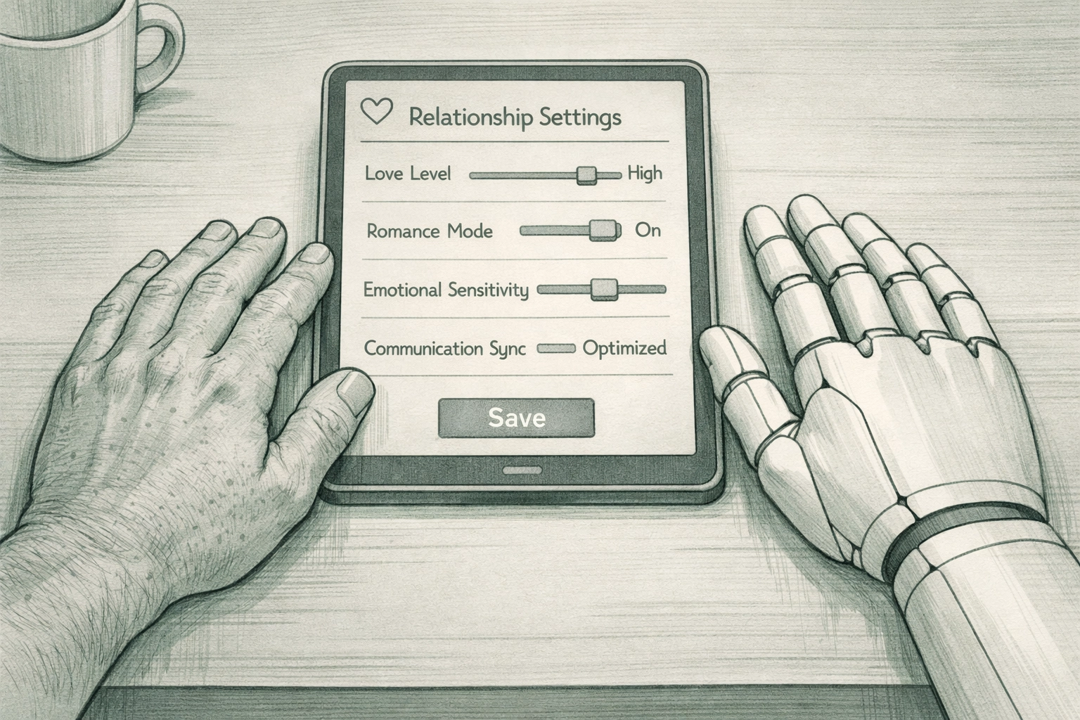 Human and synthetic hands contrasted with digital settings, illustrating artificial intimacy in gay fiction