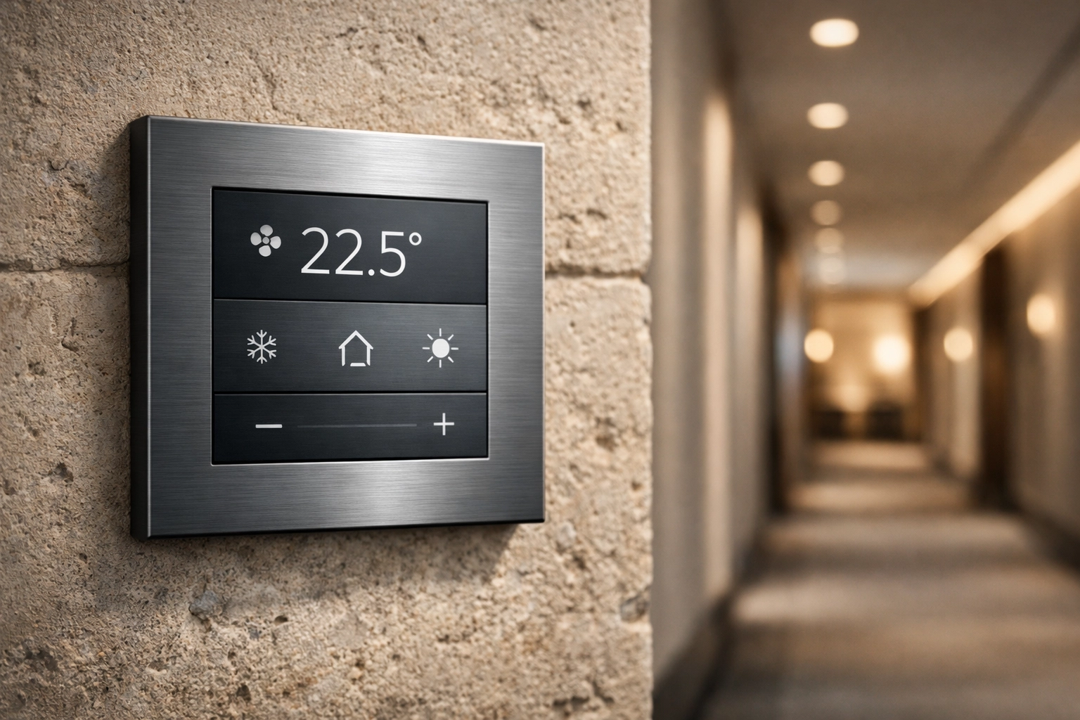 Smart climate control interface in a hotel corridor for automated energy efficiency.