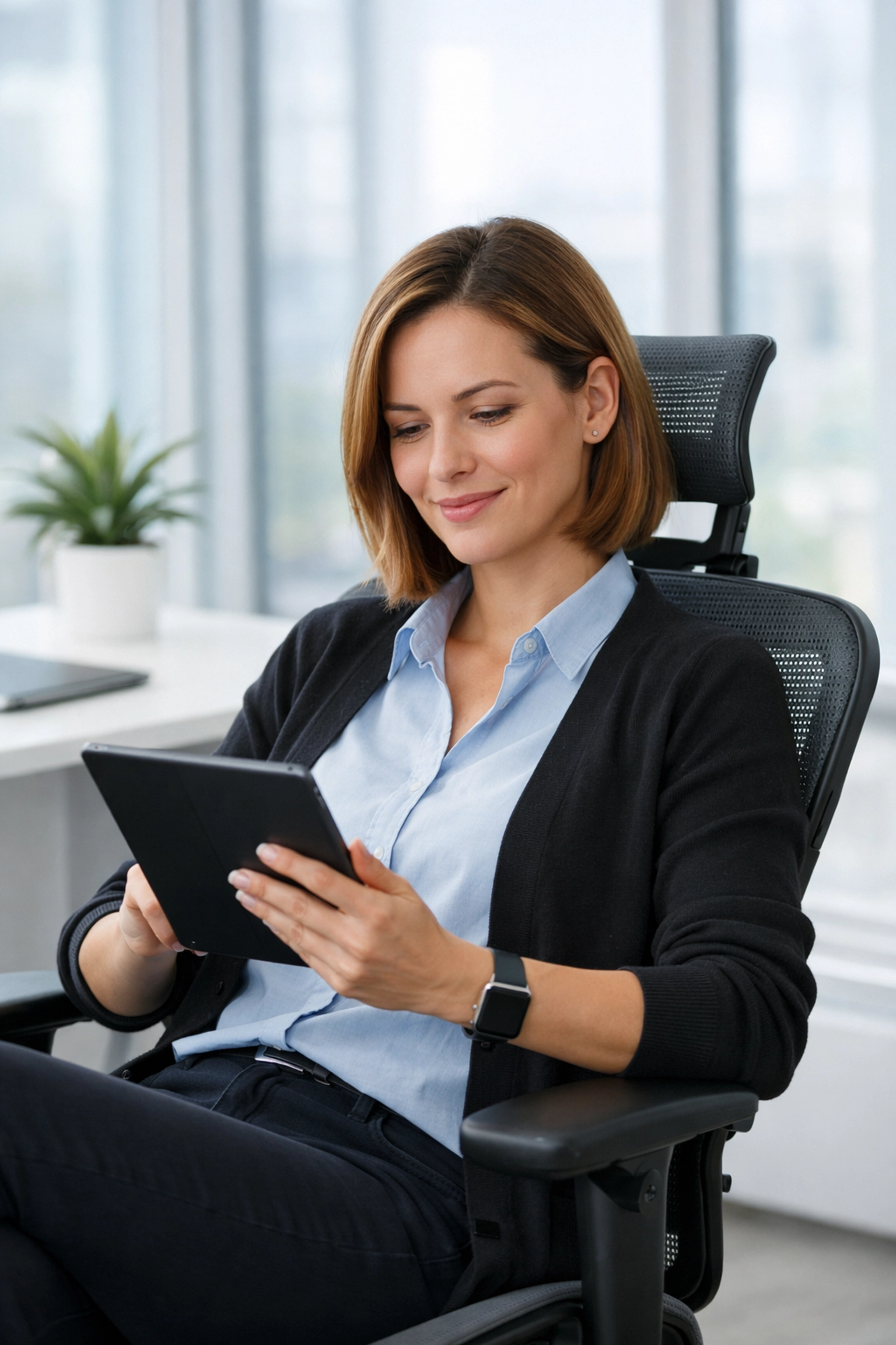 Vrouwelijke IT-specialist werkt ontspannen in een modern kantoor dankzij Talisman Benefits.