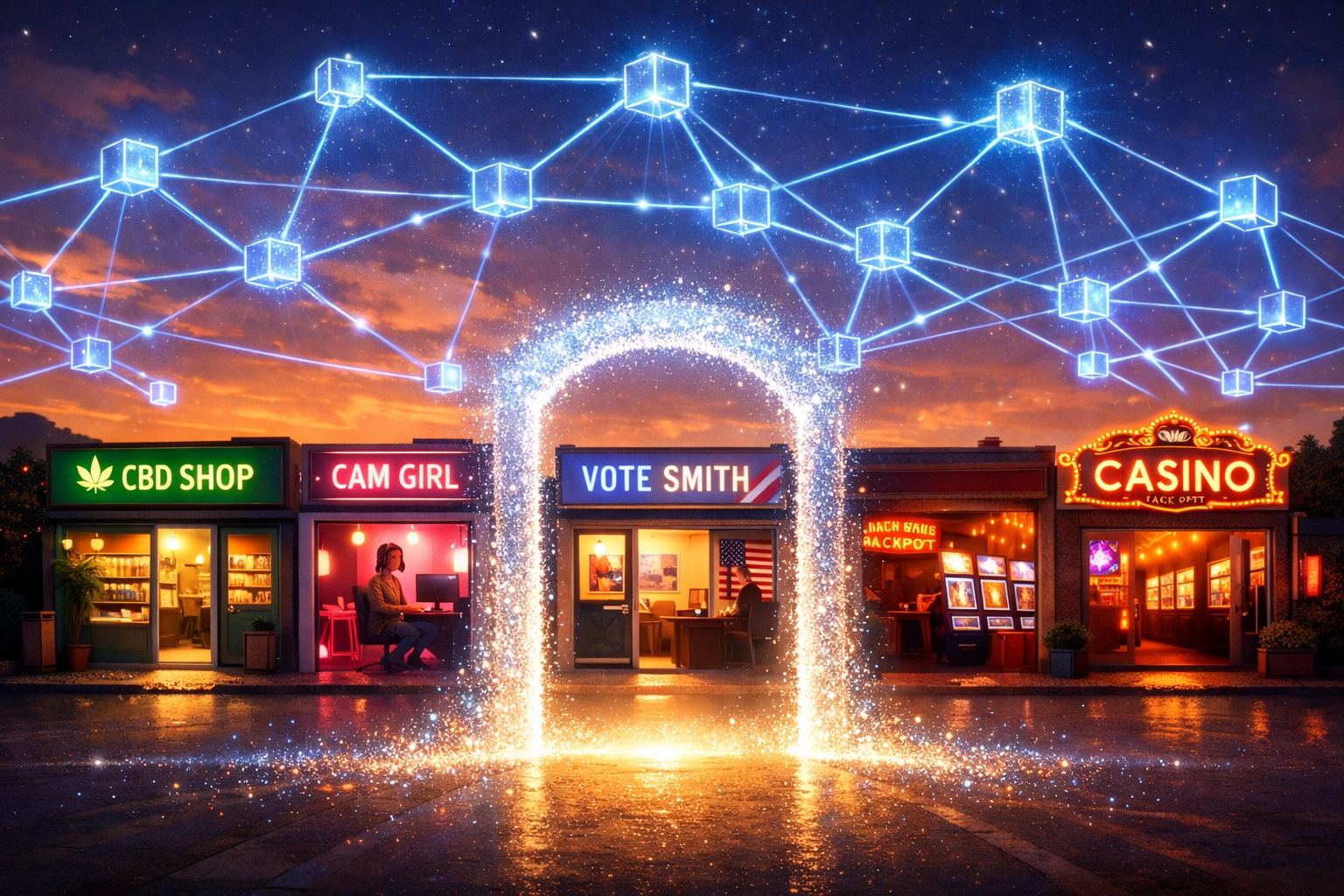 Permissionless crypto payments connecting diverse merchant storefronts via blockchain network