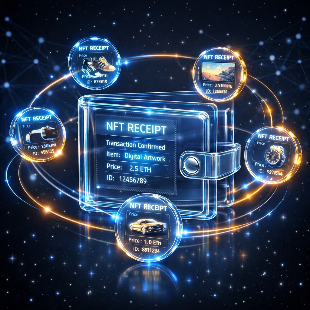 Digital wallet with NFT receipt tokens showing blockchain transaction transparency