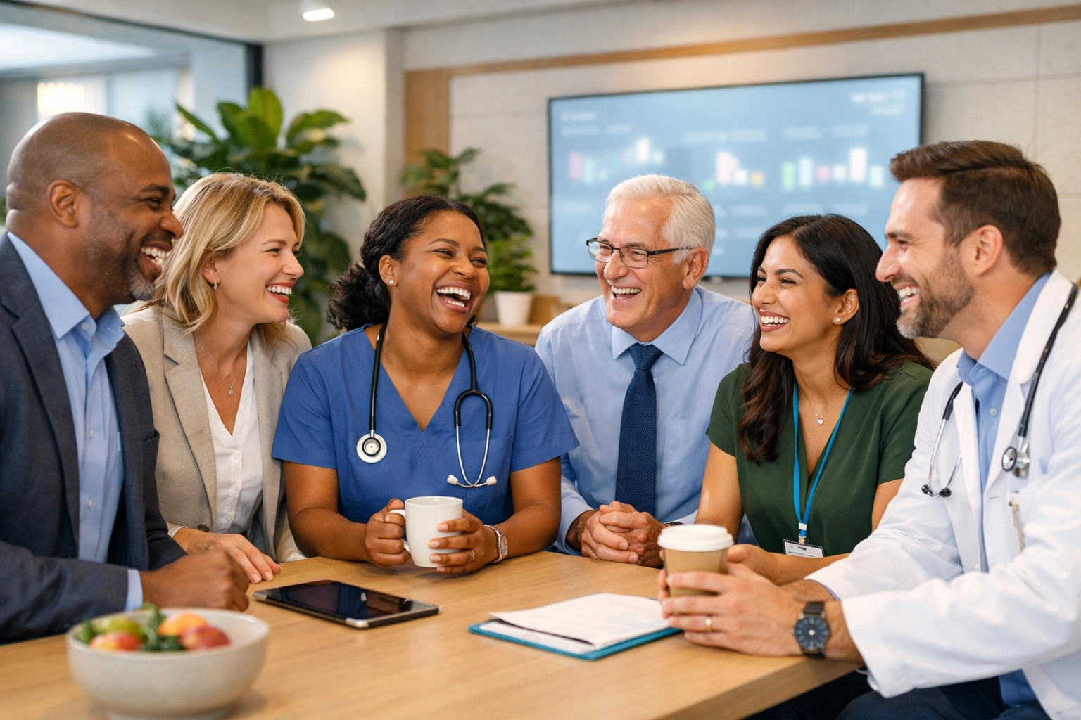 Healthcare professionals collaborating in an office, illustrating how AI augments human service capabilities.