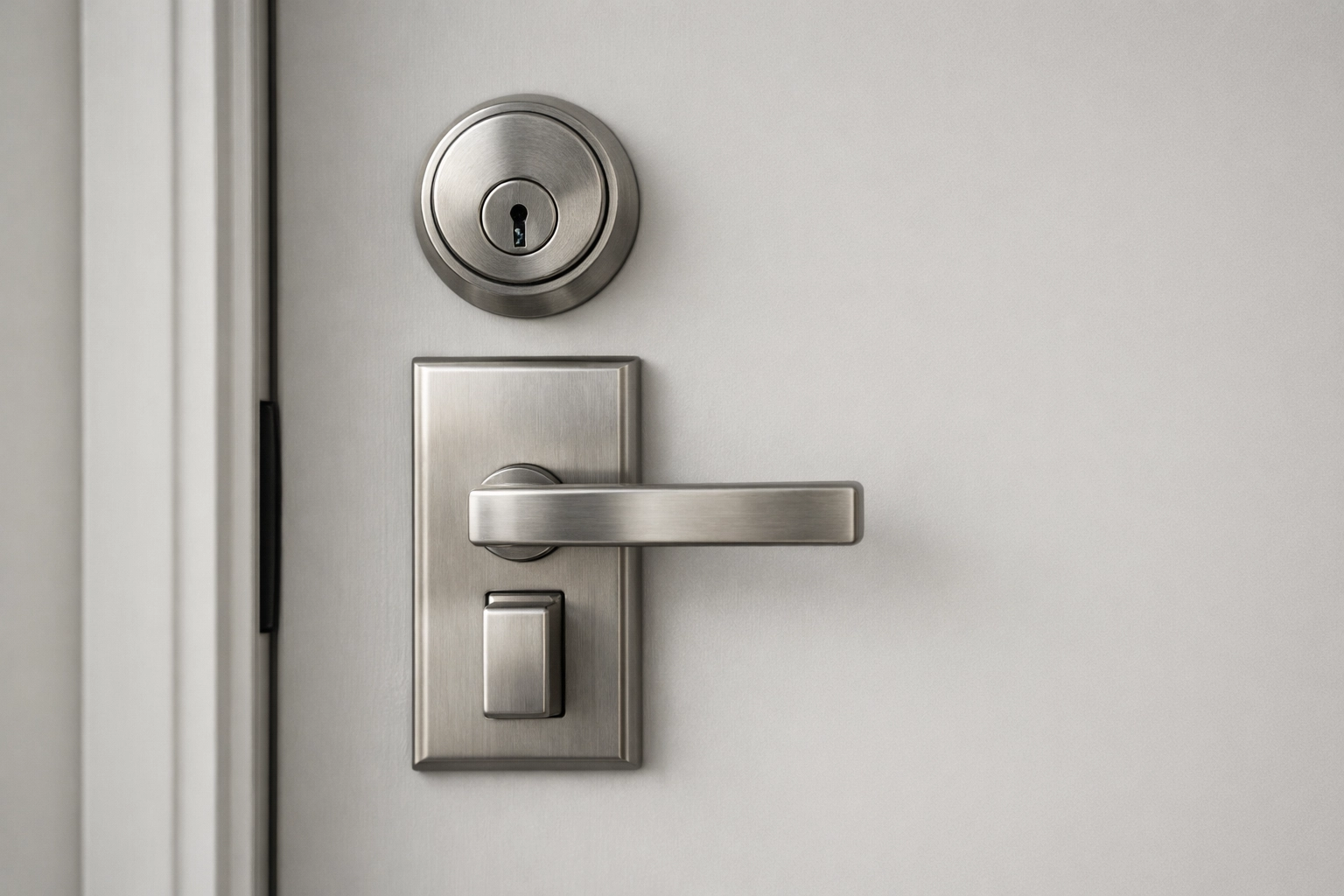 Close-up of a modern residential deadbolt on a neutral door, uncluttered and softly lit.