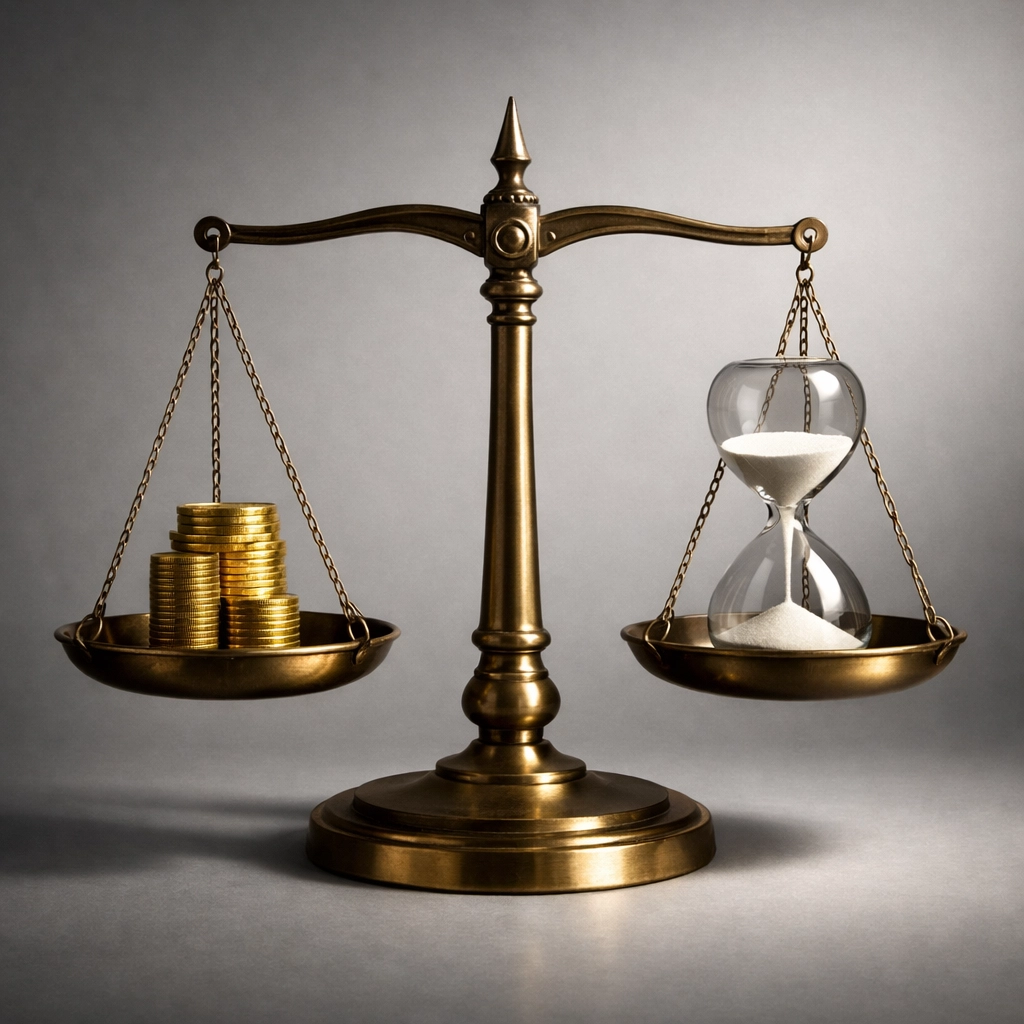 Brass scales balancing gold coins and an hourglass, symbolizing the pros and cons of a personal loan.