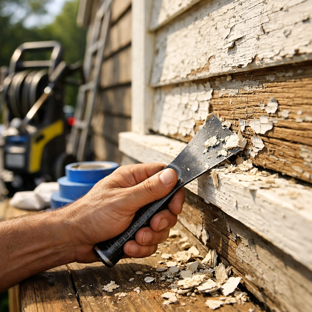Professional painter scraping peeling paint from a wood home exterior during the surface preparation phase.