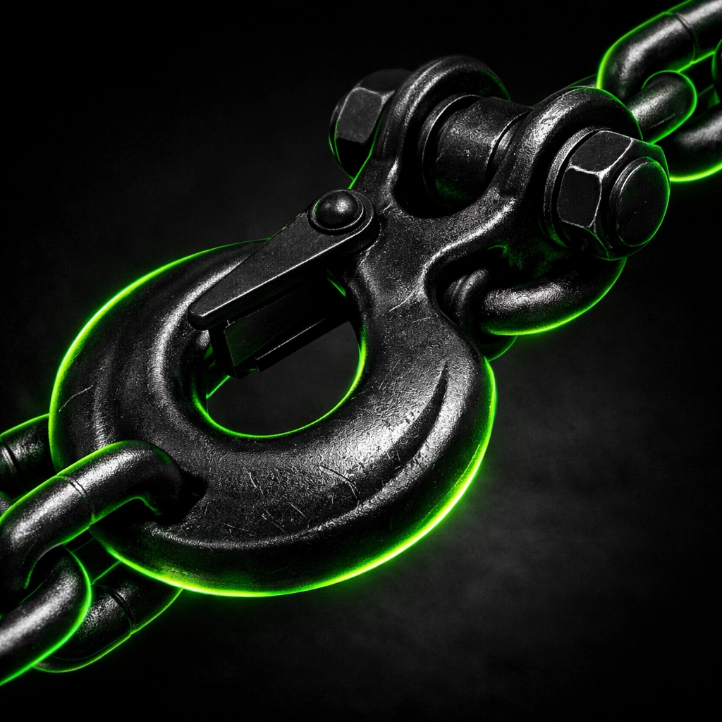 Close-up of heavy-duty towing hook and chain symbolizing professional vehicle recovery standards.