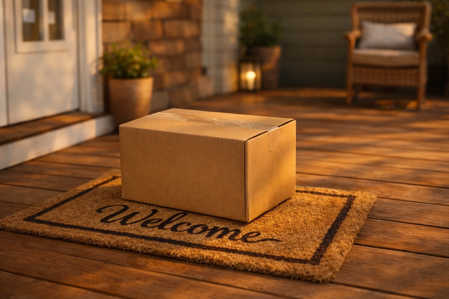 Brown cardboard delivery box on front porch after online shopping order arrives