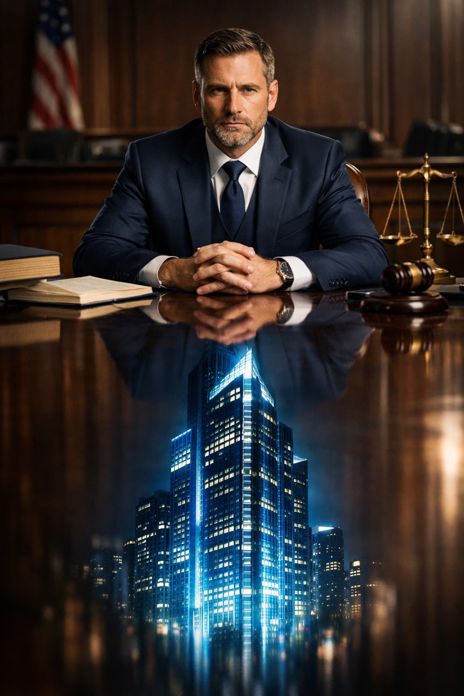 Defense attorney at a courtroom table reflecting a corporate insurance skyscraper.