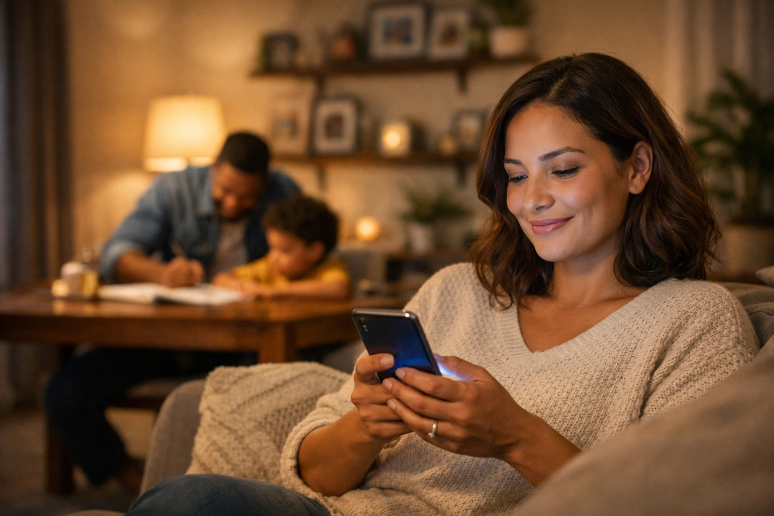 Patient accessing text-based primary care via phone at home, no waiting room needed