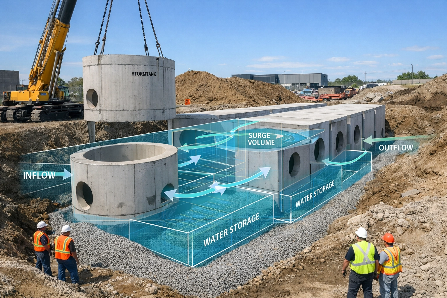 Installation of an underground stormwater detention system at a GTA construction site for water management.