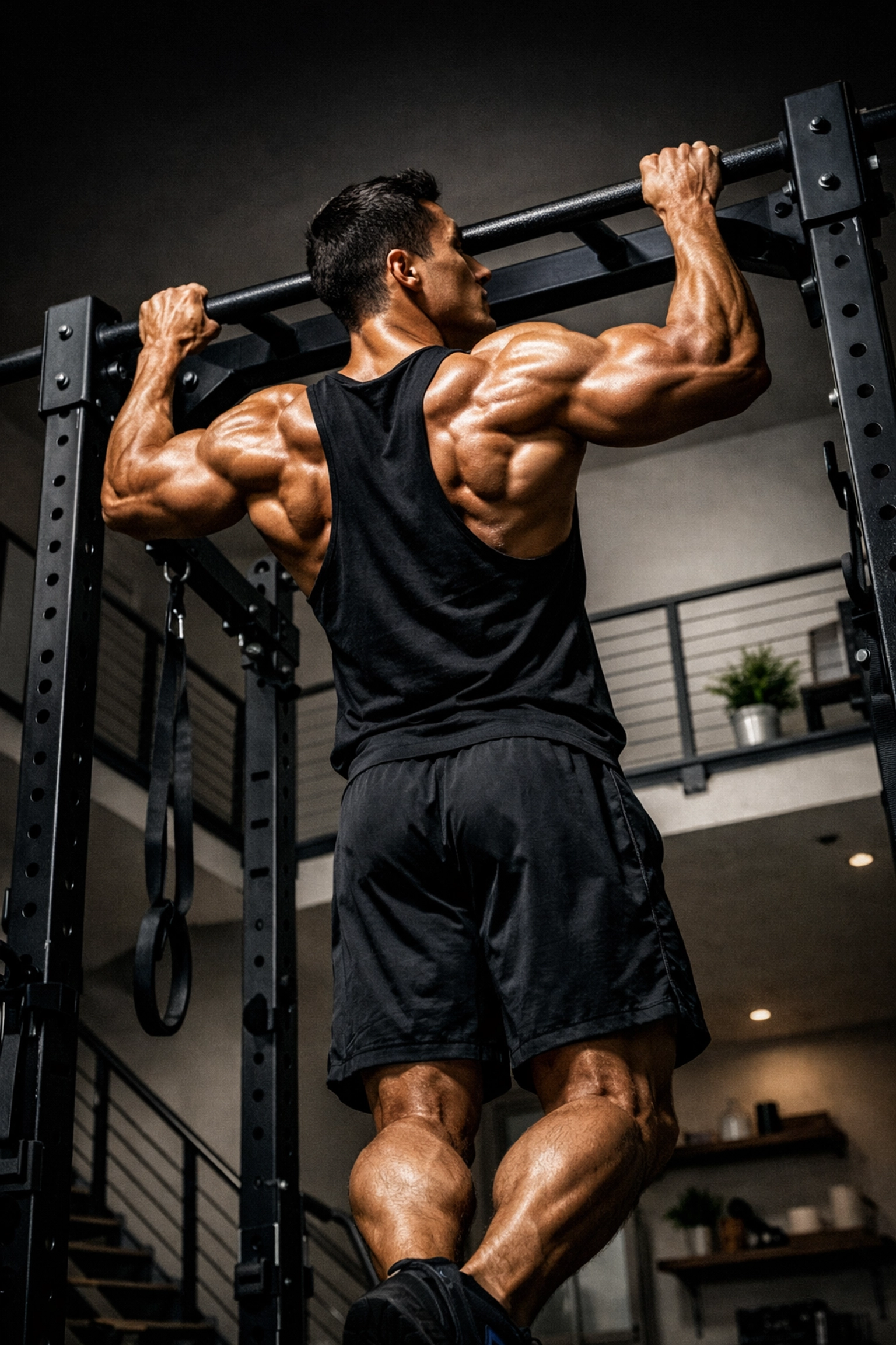 Athlete performing a perfect form pull-up using professional calisthenics equipment for home.