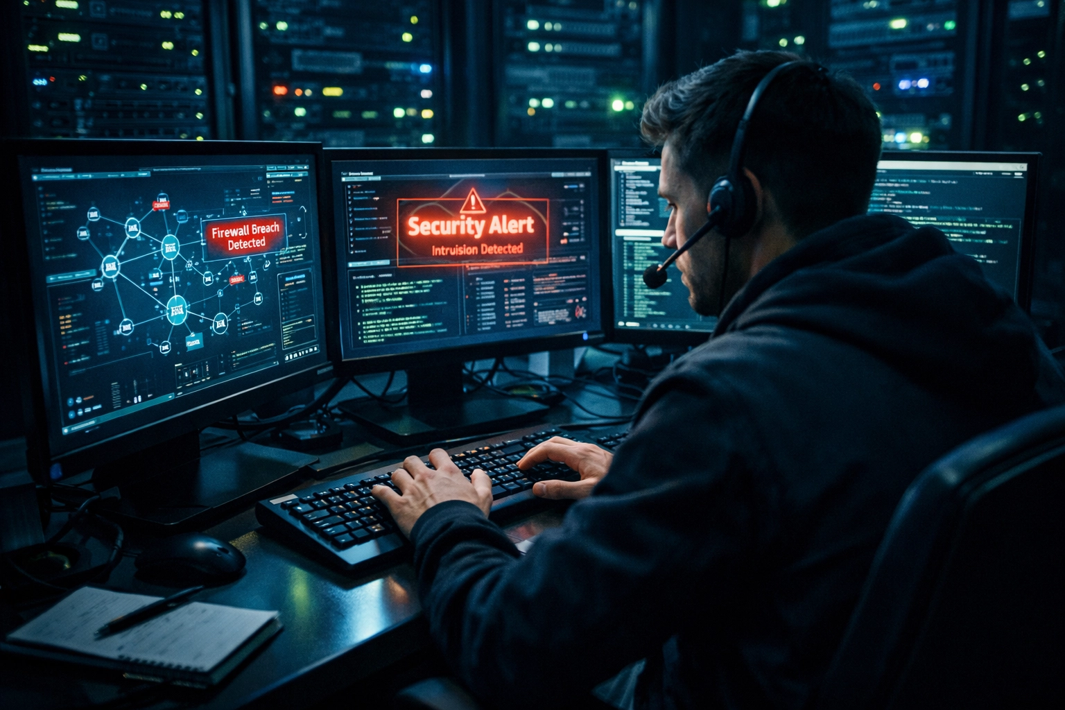 Cybersecurity professional working with multiple monitors in training pod environment