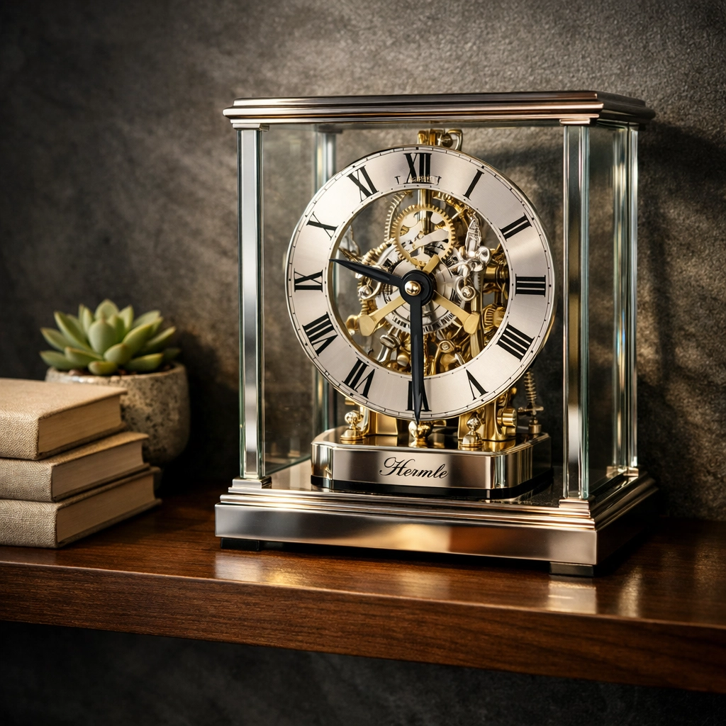 Elegant Hermle skeleton mantel clock with visible mechanical movement on a minimalist walnut shelf.