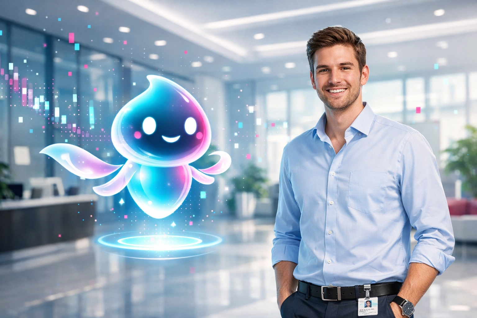 Automatisiertes Onboarding mit KI-Unterstützung durch einen digitalen Assistenten im Büro.