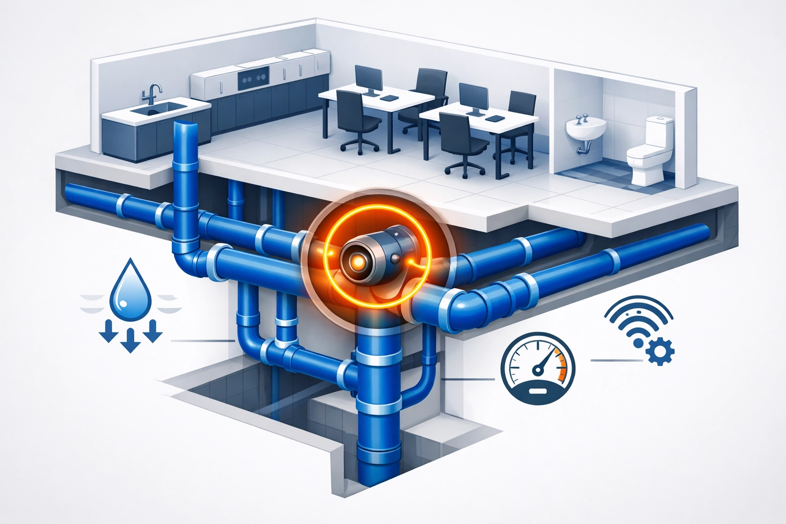 Isometric illustration of commercial building plumbing and drain inspection services in Farnham using camera technology.