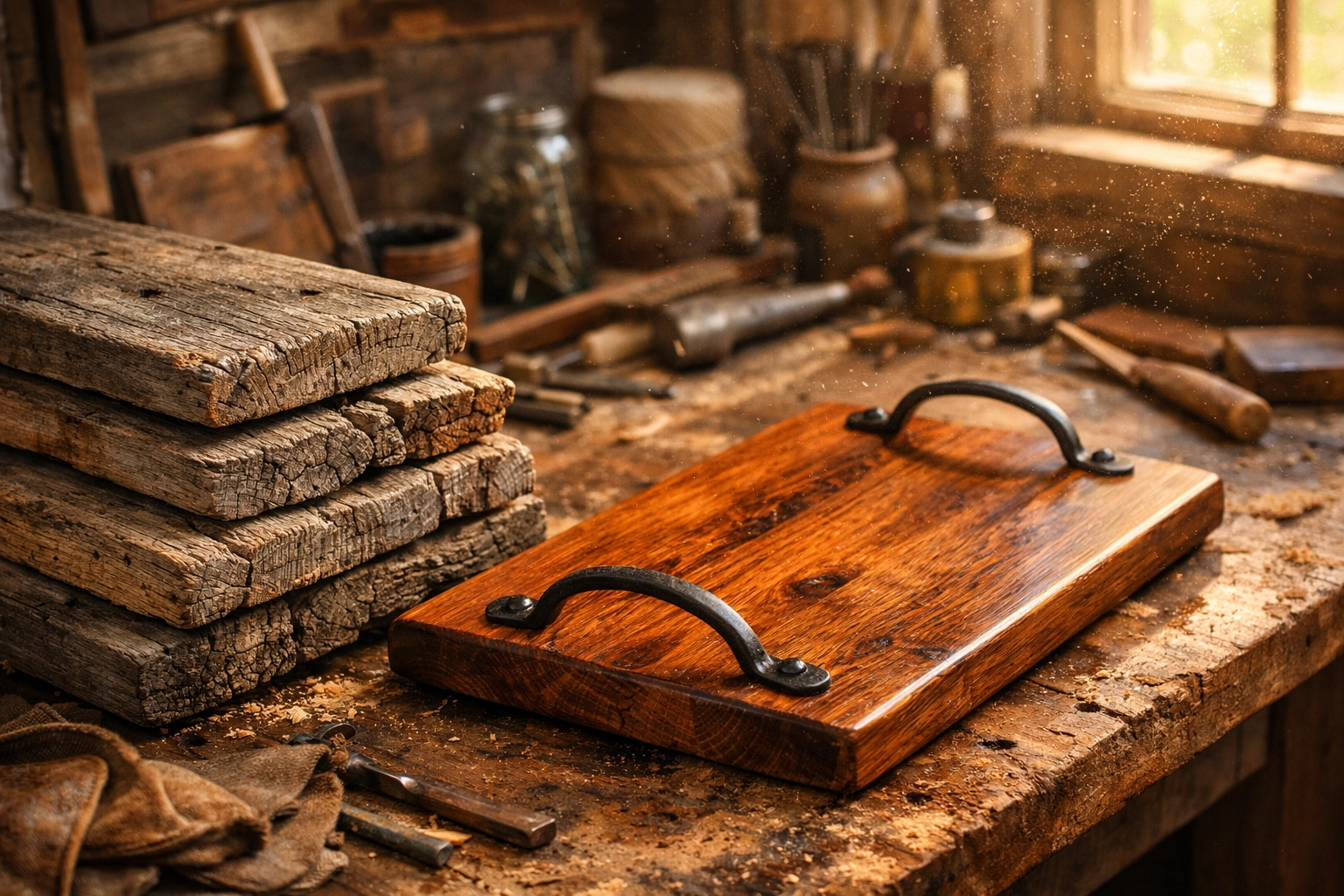 Handcrafted home accessories like this reclaimed wood tray with iron handles showcase sustainable artisan design.